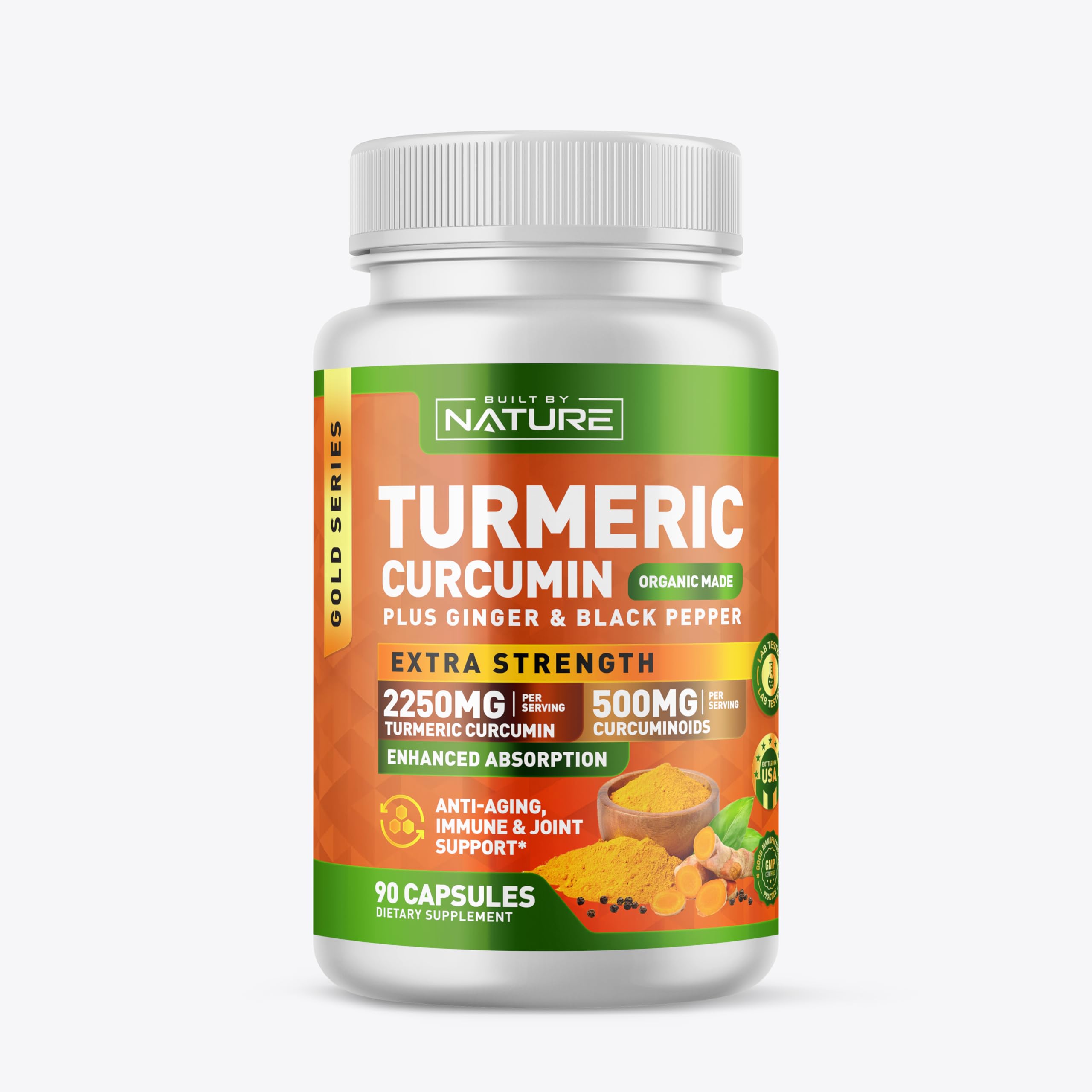 Built by Nature Turmeric Curcumin 2250mg – 95% Curcuminoids with Ginger & Black Pepper for High Absorption – Extra Strength Joint Support – Non-GMO, Vegan - 90 Capsules