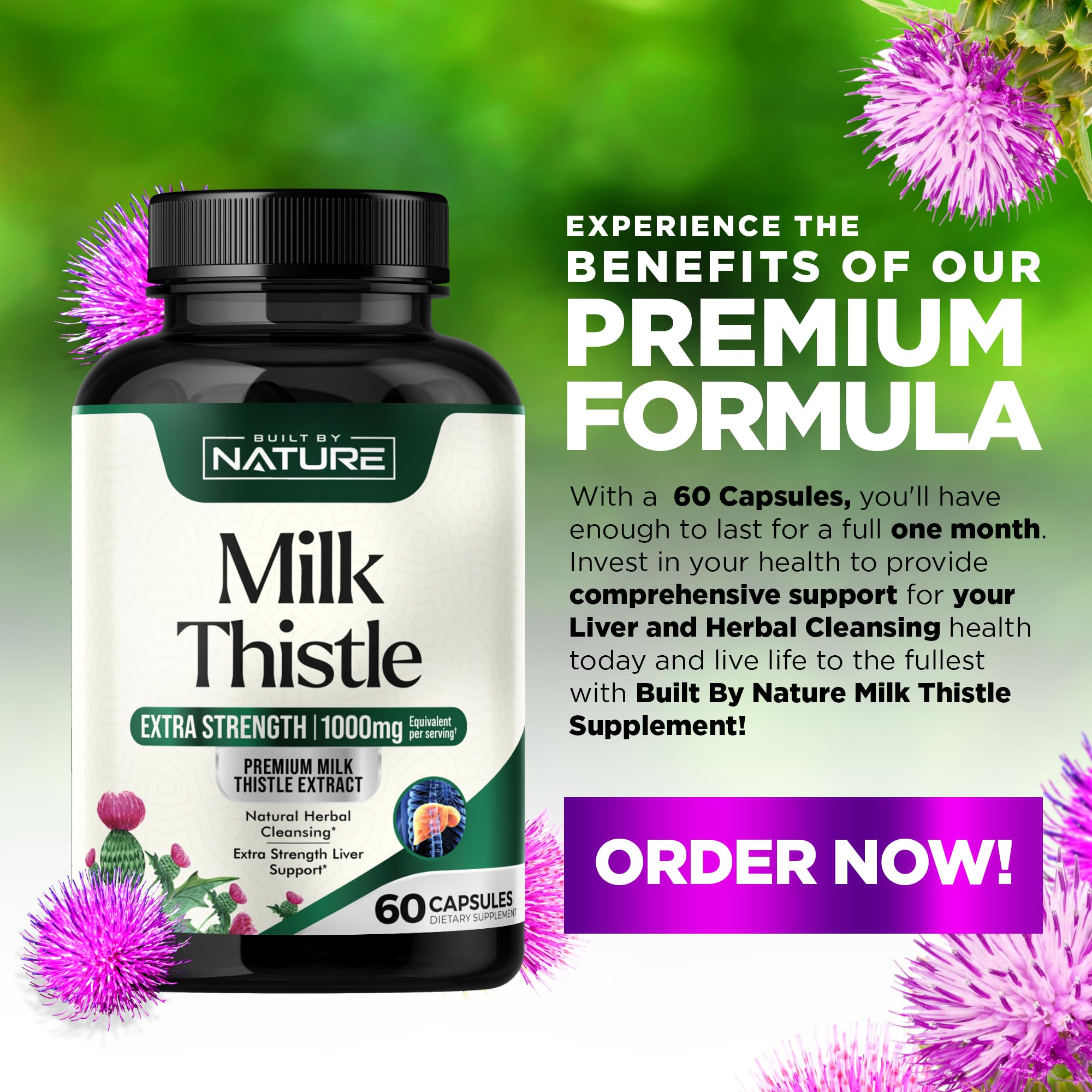Built by Nature Milk Thistle 1000mg - Liver Detox Supplement with Silymarin Extract & Dandelion Root – Gentle Herbal Liver Cleanse for Men & Women - Liver Health Support - Non-GMO