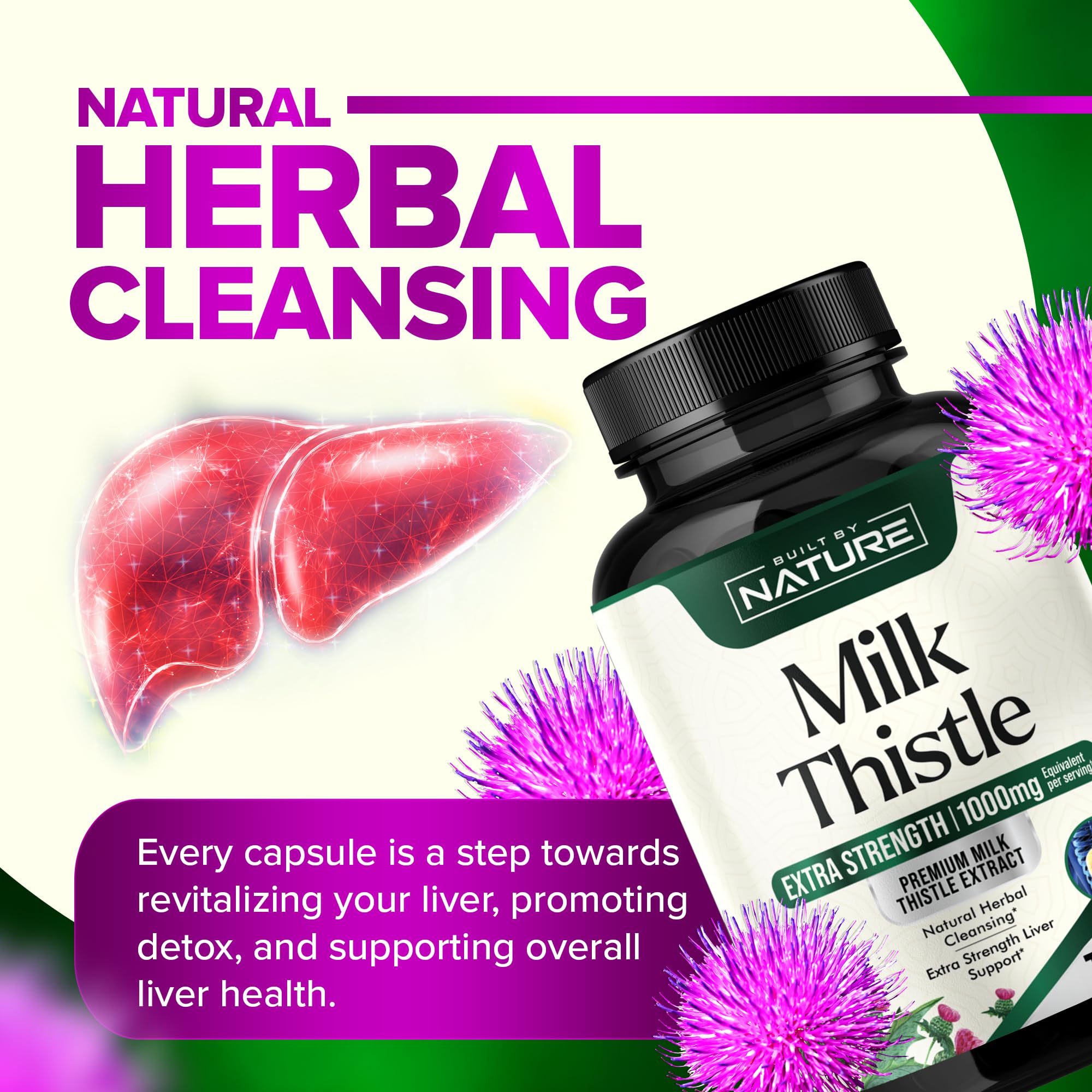 Built by Nature Milk Thistle 1000mg - Liver Detox Supplement with Silymarin Extract & Dandelion Root – Gentle Herbal Liver Cleanse for Men & Women - Liver Health Support - Non-GMO