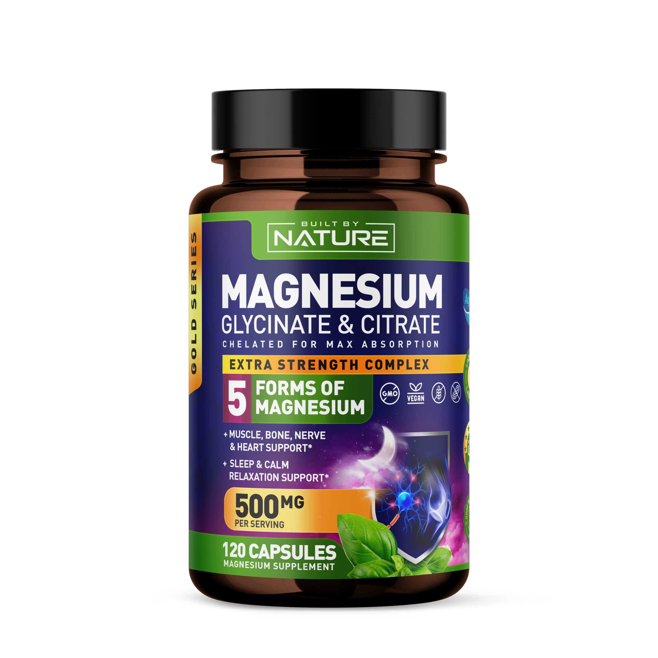 Magnesium Complex 500mg - 5 Forms of Magnesium Glycinate, Citrate, Malate, Oxide & Aquamin with 72 Trace Minerals - Chelated for Absorption - Supplement for Muscle, Nerve, Heart & Sleep