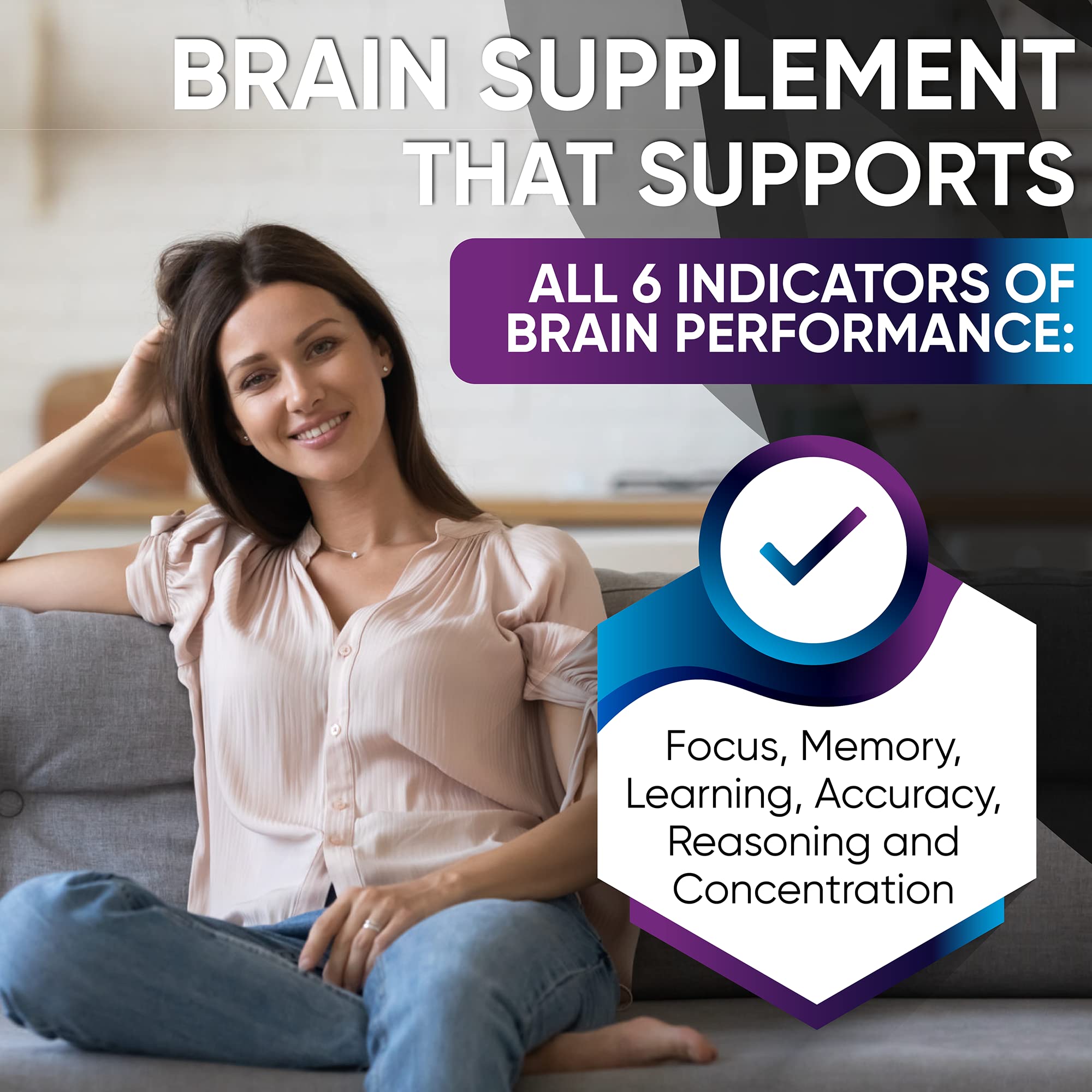 Nootropic Brain Booster Supplement - Memory, Focus & Concentration Support with Vitamins B6 & B12, Proven and Tested Phosphatidylserine - Natural Cognitive Function & Energy Boost, 60 Capsules
