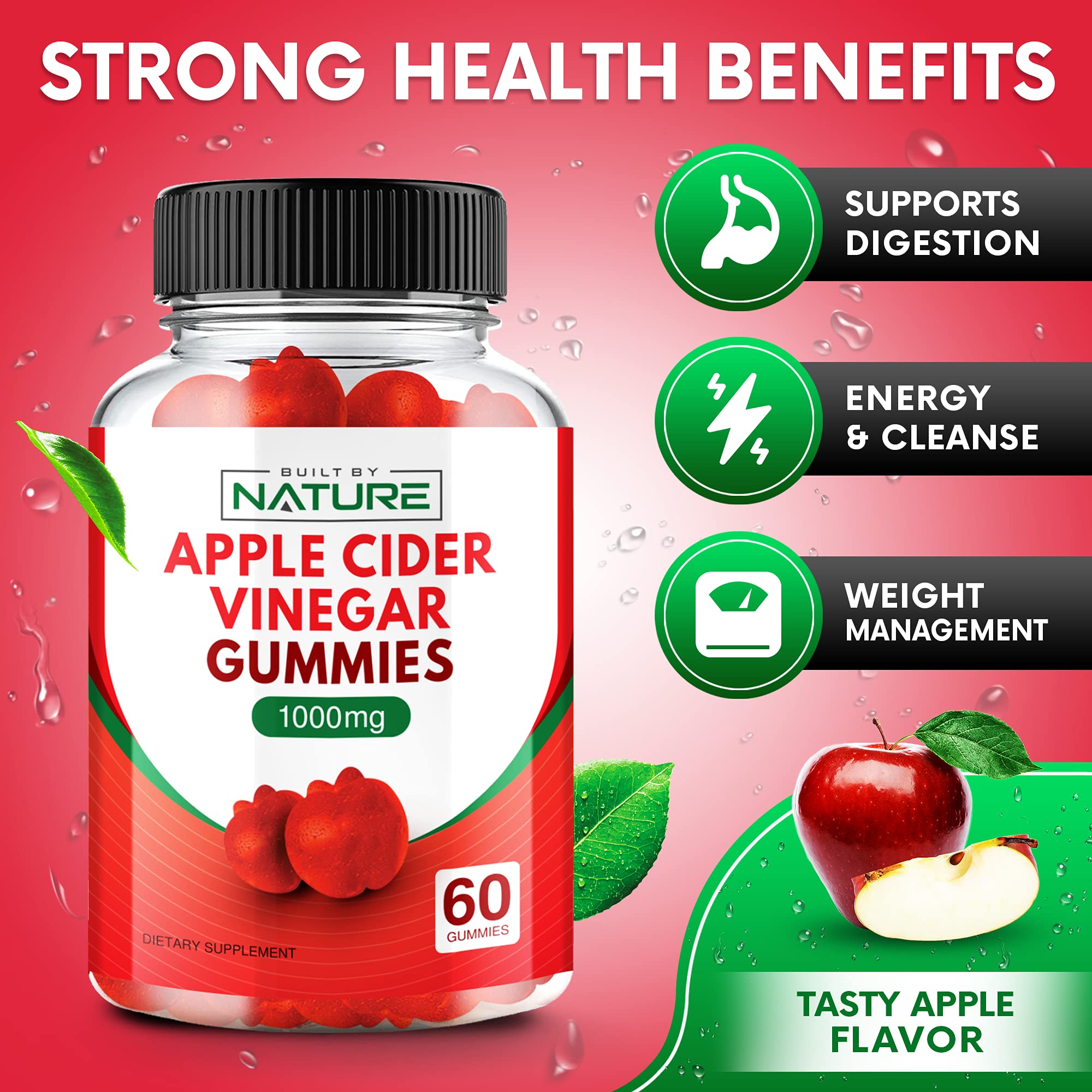 Apple Cider Vinegar Gummies 1000mg - Vitamin B12, Beetroot, Pomegranate, Natural Digestion, Detox, Weight Management & Immune Health - Raw ACV with The Mother, Vegan, Non-GMO, Gluten-Free, 60 Gummies