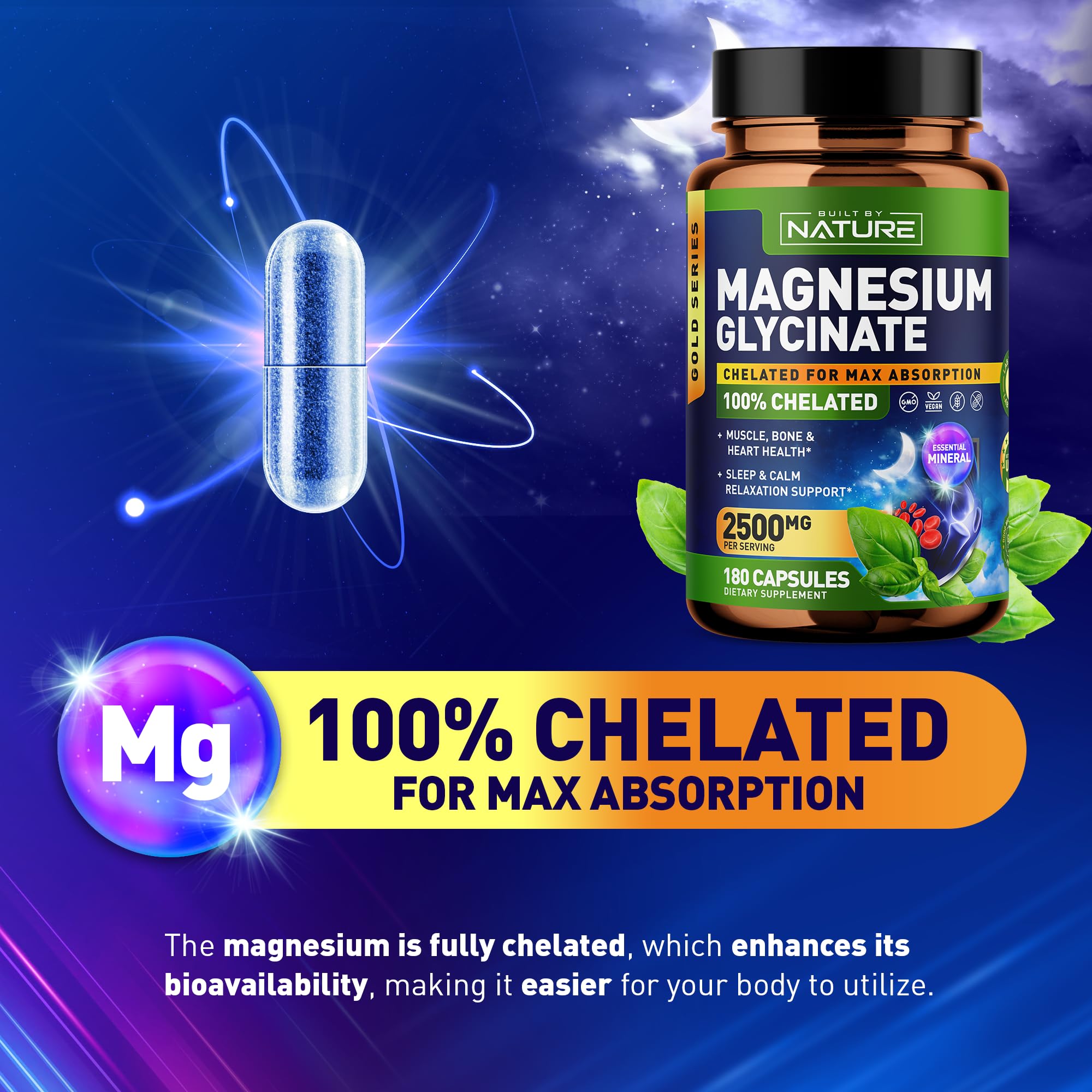 Magnesium Glycinate High Absorption, 100% Chelated, 250mg Magnesium Supplement, Non-GMO, Vegan, Gluten & Soy Free, 180 Veggie Capsules
