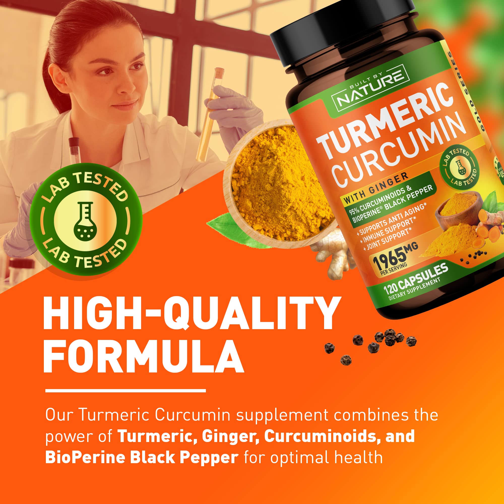 Turmeric Curcumin 1965mg with Ginger & BioPerine Black Pepper Extract - High Absorption 95% Curcuminoids for Joint & Antioxidant Support - Non-GMO, Gluten-Free, Vegan - 120 Herbal Supplement Capsules