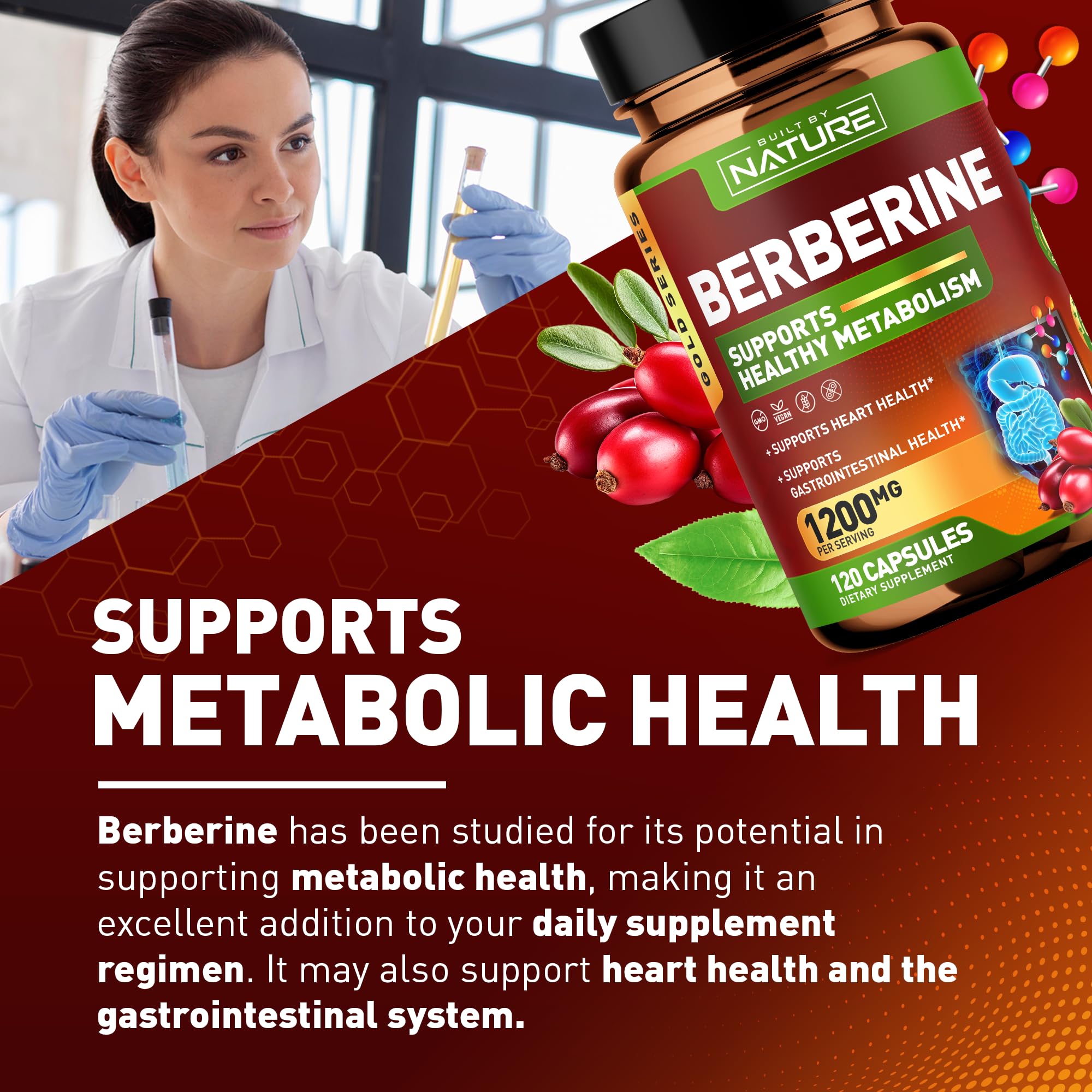 Berberine 1200mg - 100% Pure Berberine HCl Supplement, High Strength Berberine, Natural Support for Metabolic, Heart and Gastrointestinal Health, Non-GMO, Gluten Free, Vegan, 120 Veggie Capsules