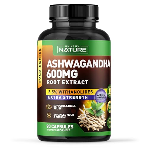Built by Nature Ashwagandha 600mg – Extra Strength Adaptogen for Stress Relief, Mood, Energy & Sleep – Cortisol Support – Root Extract with 2.5% Withanolides - Non-GMO, Vegan – 90 Capsules
