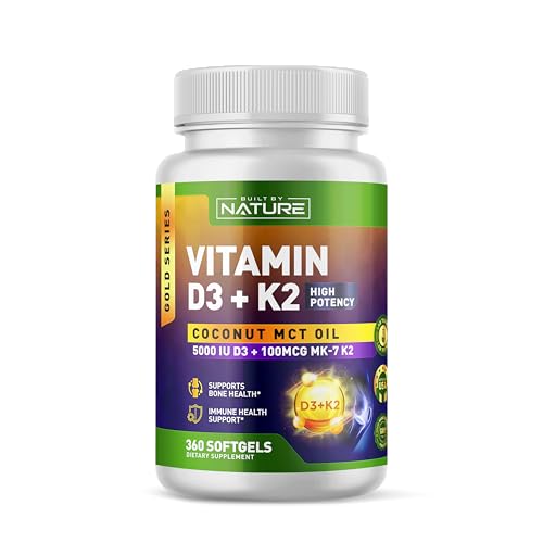 Built by Nature Vitamin D3 K2 5000 IU + 100 mcg MK-7 - Extra Strength, High Absorption - Bone, Heart & Immune Support - Coconut MCT Oil - Non-GMO – 1 Year Supply - 360 Softgels