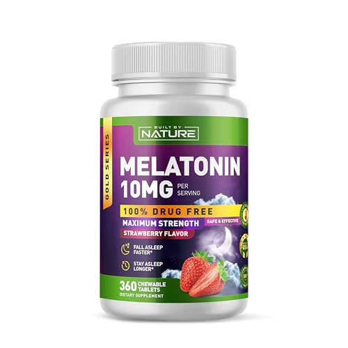 Built by Nature Melatonin 10 mg – Fast Dissolve Berry Tablets – Extra Strength Drug Free Sleep Support – Non-GMO, Vegan – Naturally Flavored and Sweetened – 360 Chewable Tablets