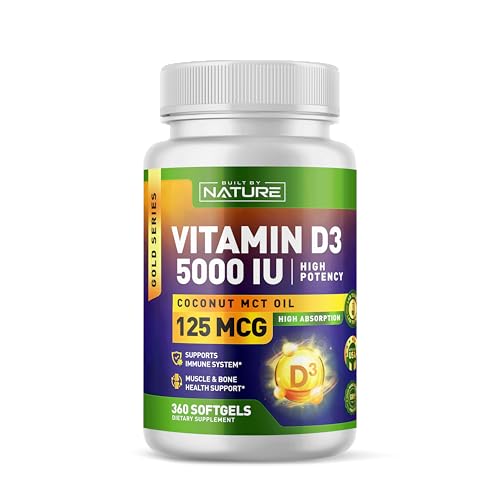 Built by Nature Vitamin D Supplement - Vitamin D3 5000 IU with Coconut MCT Oil – Easy to Swallow VIT D Mini Soft Gels - 1 Year Supply – 360 Softgels