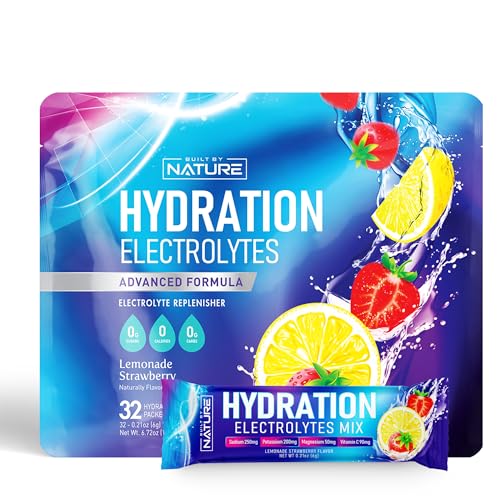 Built by Nature Electrolytes Powder Hydration Packets – Recovery Drink Mix with Sodium, Potassium, Magnesium, Calcium, Vitamin C & Zinc – Sugar Free, Keto, Non GMO & Vegan – Strawberry Lemonade