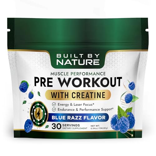 Built by Nature Pre Workout Powder for Men & Women – Preworkout with Creatine for Energy, Focus & Pumps – Sports Nutrition Pre-Workout Supplement – Blue Razz Flavor, 30 Servings
