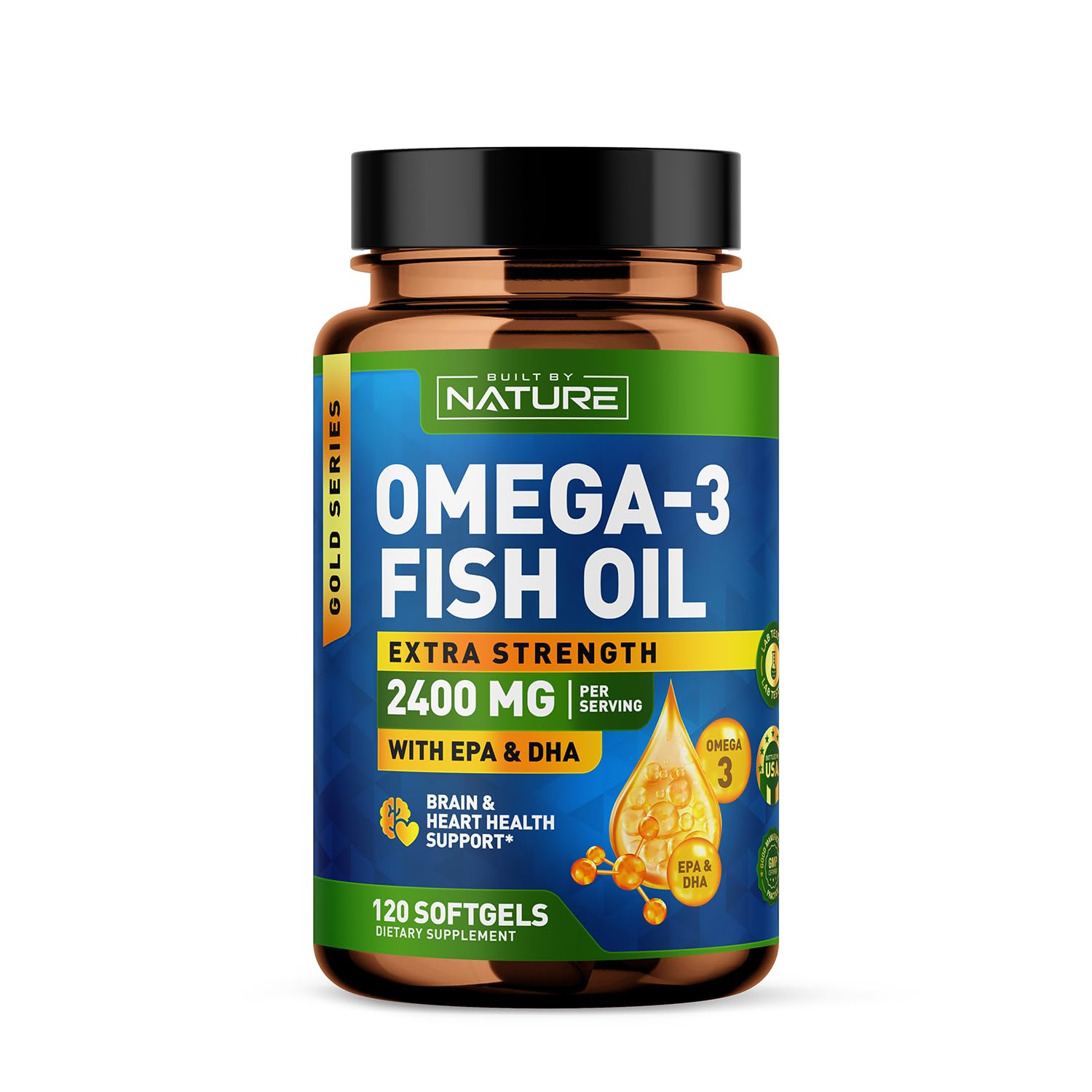 Built by Nature Omega 3 Fish Oil Soft Gels - 2400 mg Fish Oil, 1440 mg Omega 3, 863 mg EPA, 576 mg DHA - Extra Strength Brain & Heart Health Support Supplement