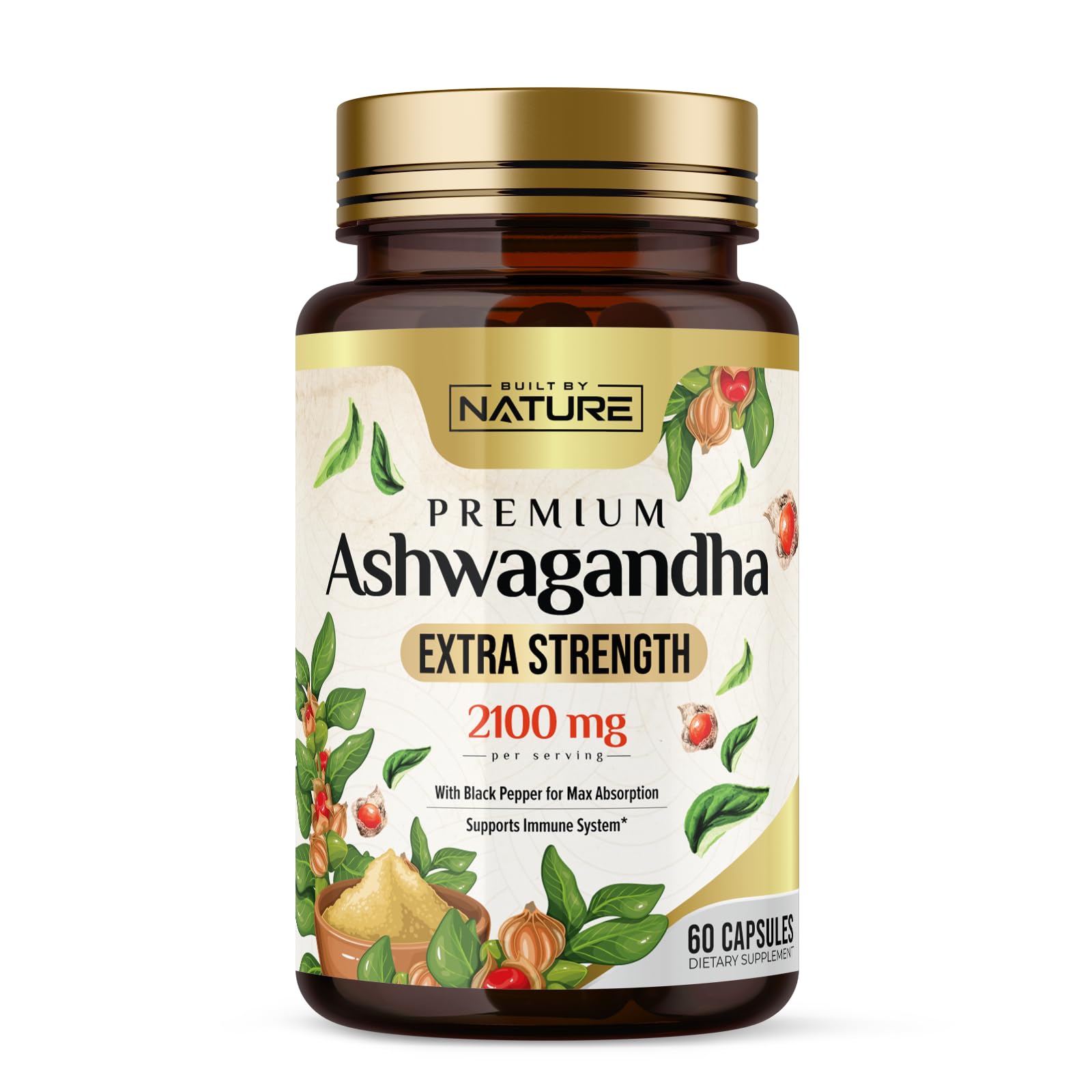 Built by Nature Ashwagandha 2100mg Extra Strength Stress Relief & Mood Support with Black Pepper Extract for Max Absorption - Non-GMO, Vegan, Gluten-Free - 60 Capsules