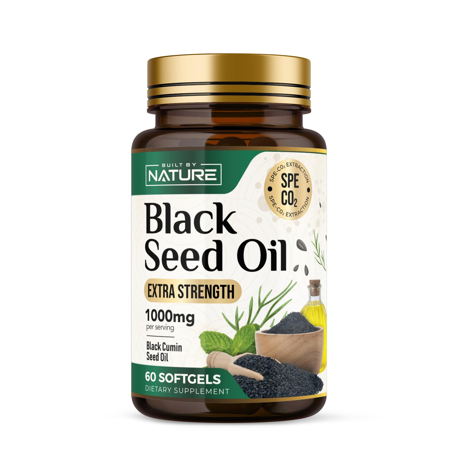 Built by Nature Black Seed Oil 1000mg - 100% Pure CO2 Extracted Nigella Sativa - High Thymoquinone, Omega 3 6 9, Antioxidant - Immune, Joints, Skin & Hair Health Support- Non-GMO – 60 Softgels