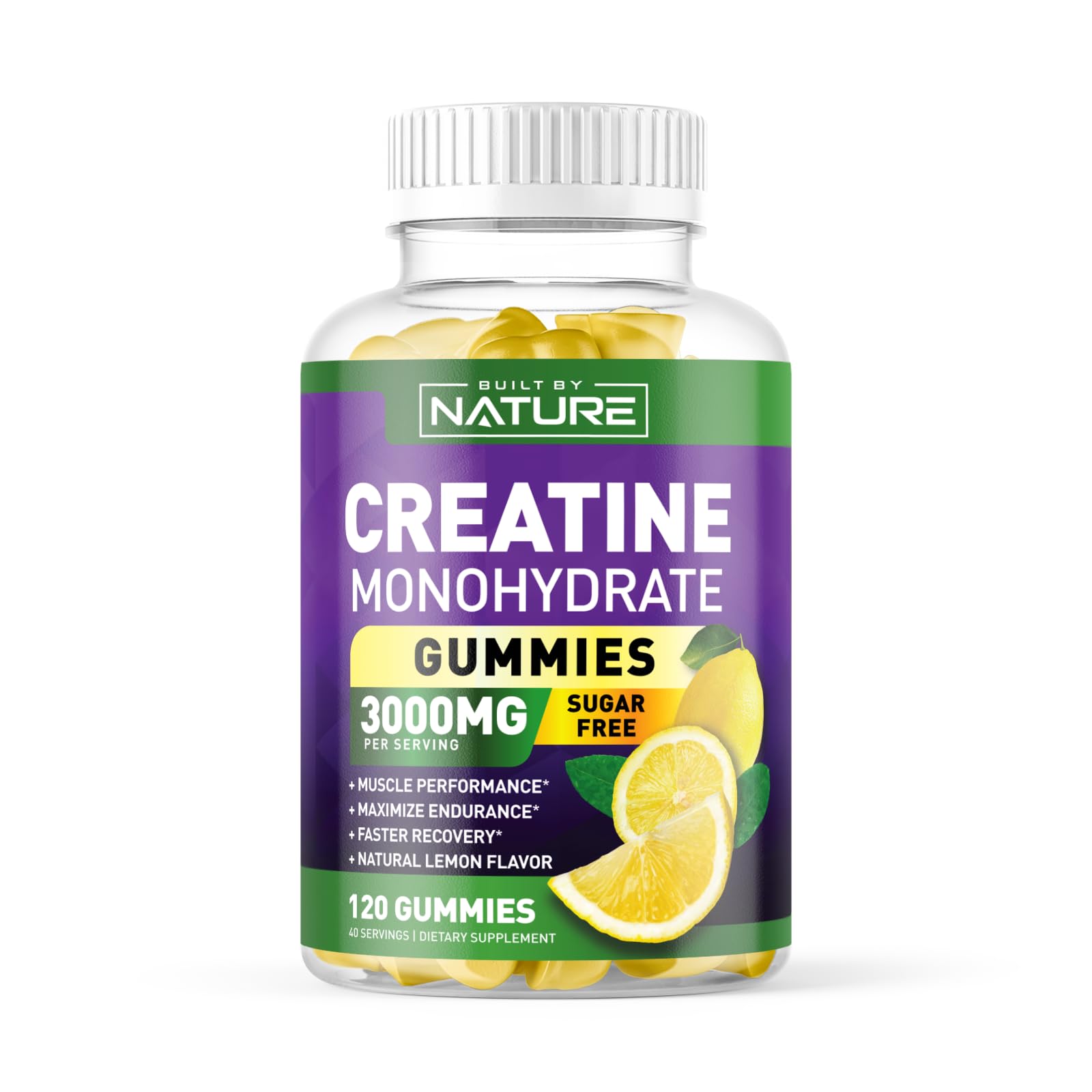 Built by Nature Sugar Free Creatine Monohydrate Gummy for Men and Women – Muscle Strength & Energy Boost Pre Workout - Natural Lemon Flavor - 120 Gummies