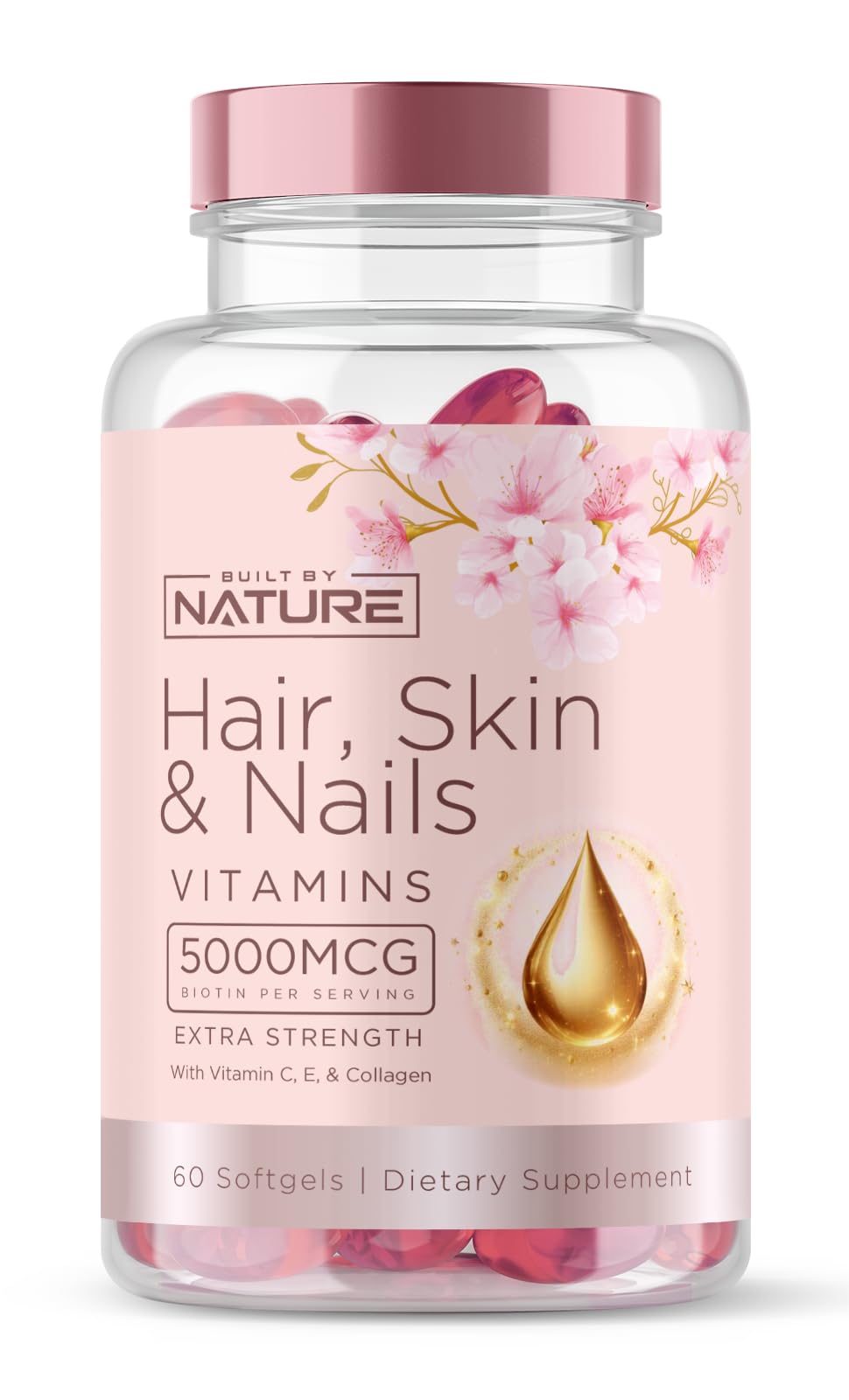 Built by Nature Hair Skin and Nails Vitamins – 5000mcg Biotin with Vitamin C, E, Collagen, Hyaluronic Acid, Argan & Coconut Oil – Luscious Hair Growth & Radiant Skin Supplement for Women