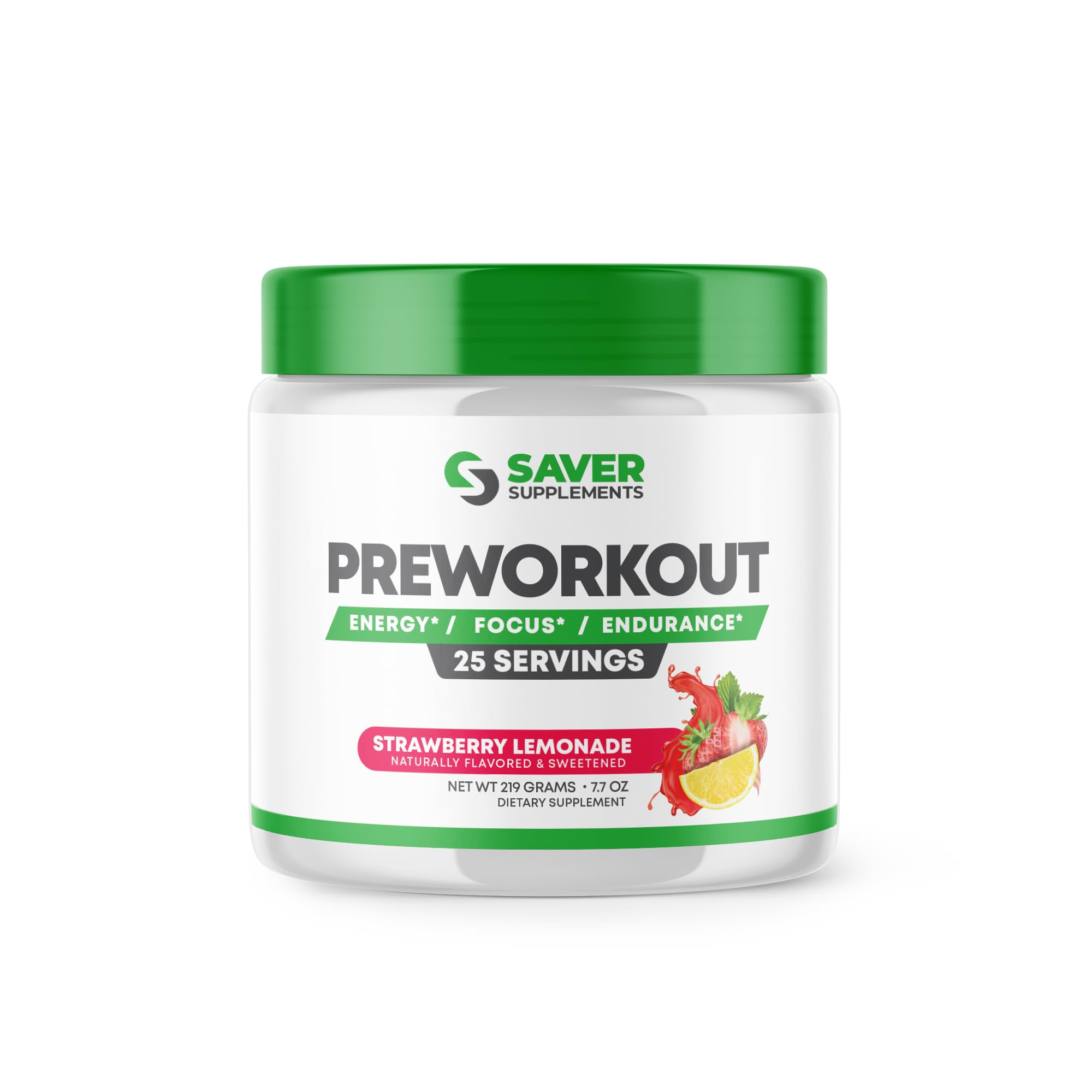 Saver Supplements Pre Workout Powder with Beta Alanine, Creatine Monohydrate, BCAA, L Citrulline, L Arginine and Caffeine - Strawberry Lemonade Flavor - 25 Servings