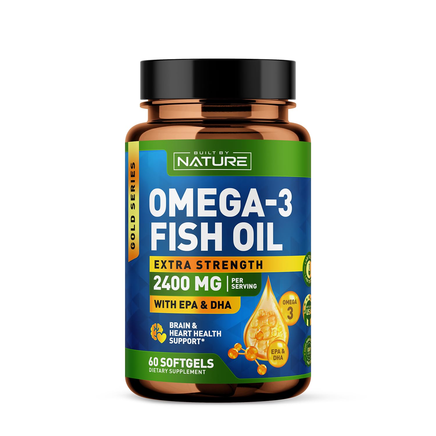 Built by Nature Omega 3 Fish Oil Soft Gels - 2400 mg Fish Oil, 1440 mg Omega 3, 863 mg EPA, 576 mg DHA - Extra Strength Brain & Heart Health Support Supplement