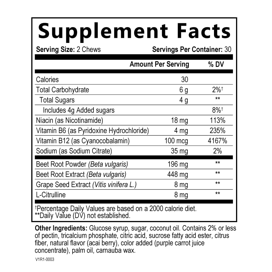 Built by Nature Beets Chews - Nitric Oxide Support with Non-GMO Beet Root & Grape Seed Extract – Chewable Heart and Energy Support Supplement - Acai Berry Flavor - 60 Chews