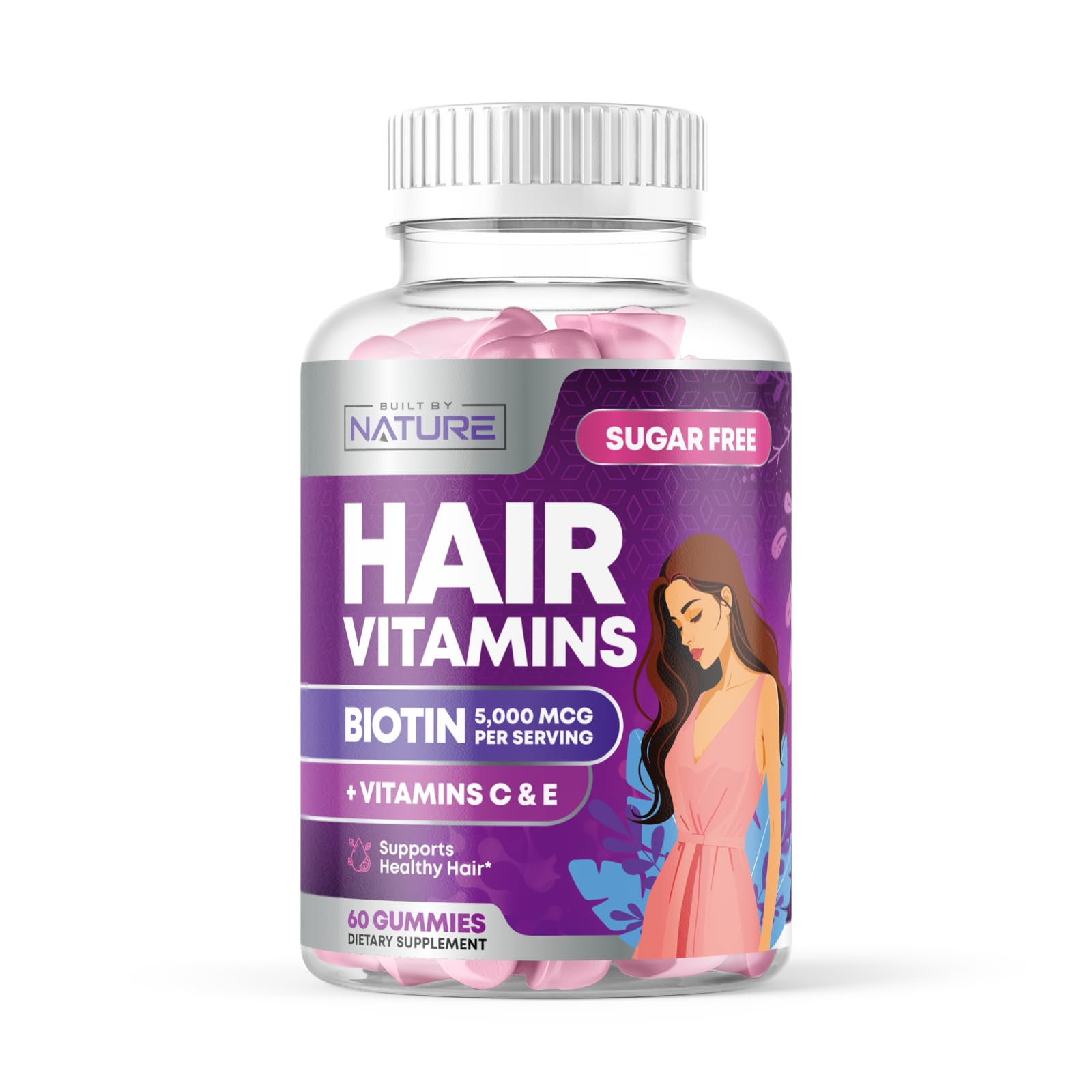 Built by Nature Hair Vitamins - Sugar Free Hair Gummies - Faster Hair Growth for Women with Hair Loss or Thinning - Hair Skin and Nail Gummy Supplement with Biotin – Non-GMO, Vegan - 60 Gummies