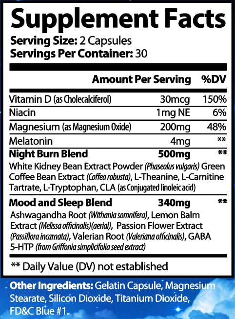 Night Time Fat Burner - Sleep Burn Fast Weight Loss, Appetite Suppressant, Metabolism Booster and Sleep Support - Carb Blocker and Belly Fat Reducer - Green Coffee Bean, Ashwagandha - 60 Capsules