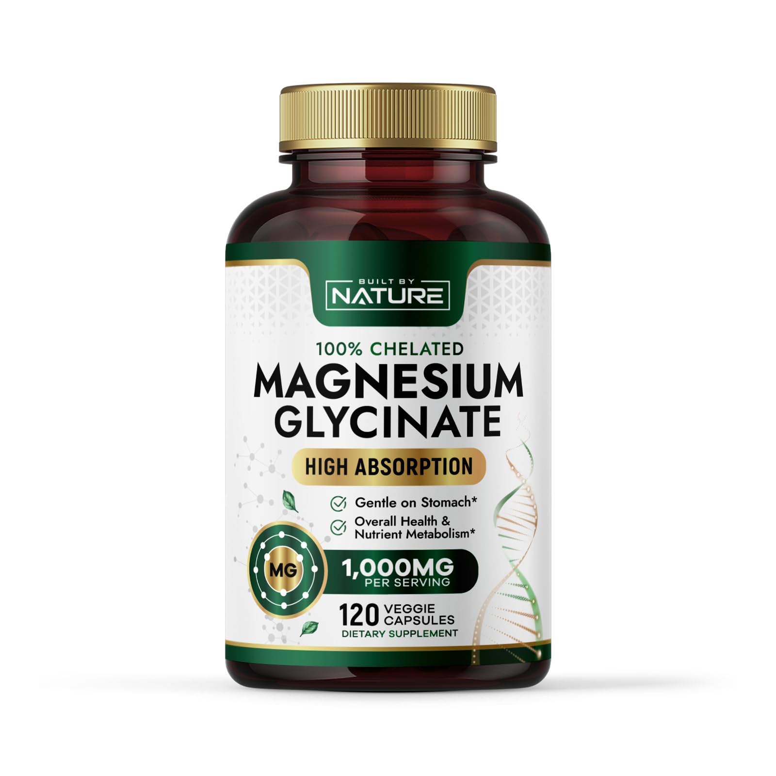 Built By Nature Magnesium Glycinate 1000mg – High Absorption Magnesium Supplement – 100% Chelated, Gentle on Stomach - Muscle, Heart, Bone & Relaxation Support - Non-GMO, Vegan