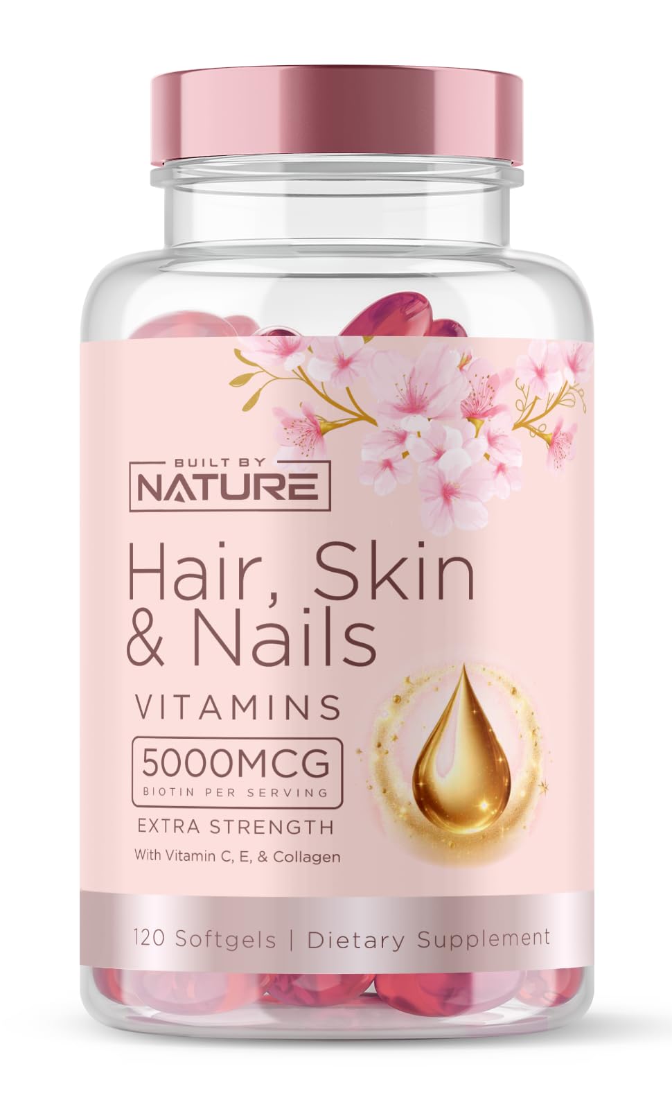 Built by Nature Hair Skin and Nails Vitamins – 5000mcg Biotin with Vitamin C, E, Collagen, Hyaluronic Acid, Argan & Coconut Oil – Luscious Hair Growth & Radiant Skin Supplement for Women