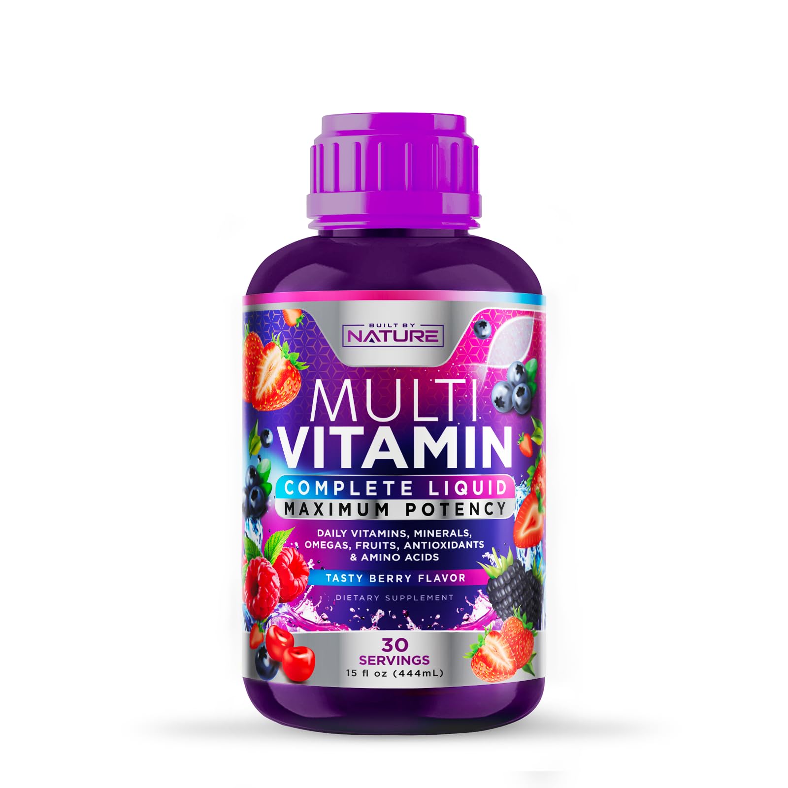 Liquid Multivitamin for Women, Men, and Kids - Liquid Vitamins Supplement for Adults - Natural Multimineral - Vegan, Non-GMO, Gluten Free, Sugar Free – Delicious Berry Flavor - 15 Fl Oz, 30 Servings