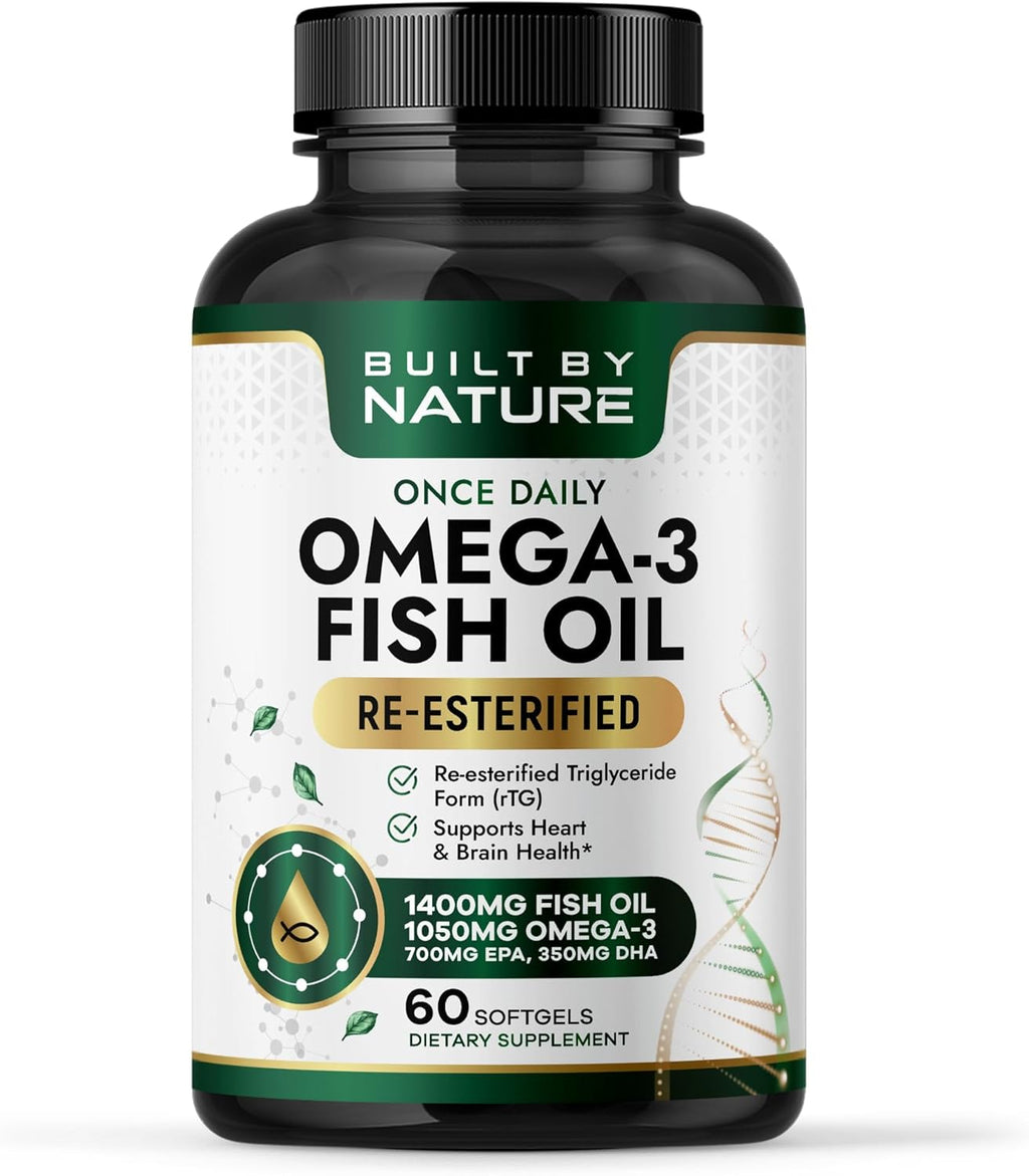 Built by Nature Omega 3 Fish Oil 1400 mg – Re-esterified Triglyceride Form (rTG) Fish Oil with High EPA & DHA – Omega-3 Supplement for Women & Men – 60 Softgels