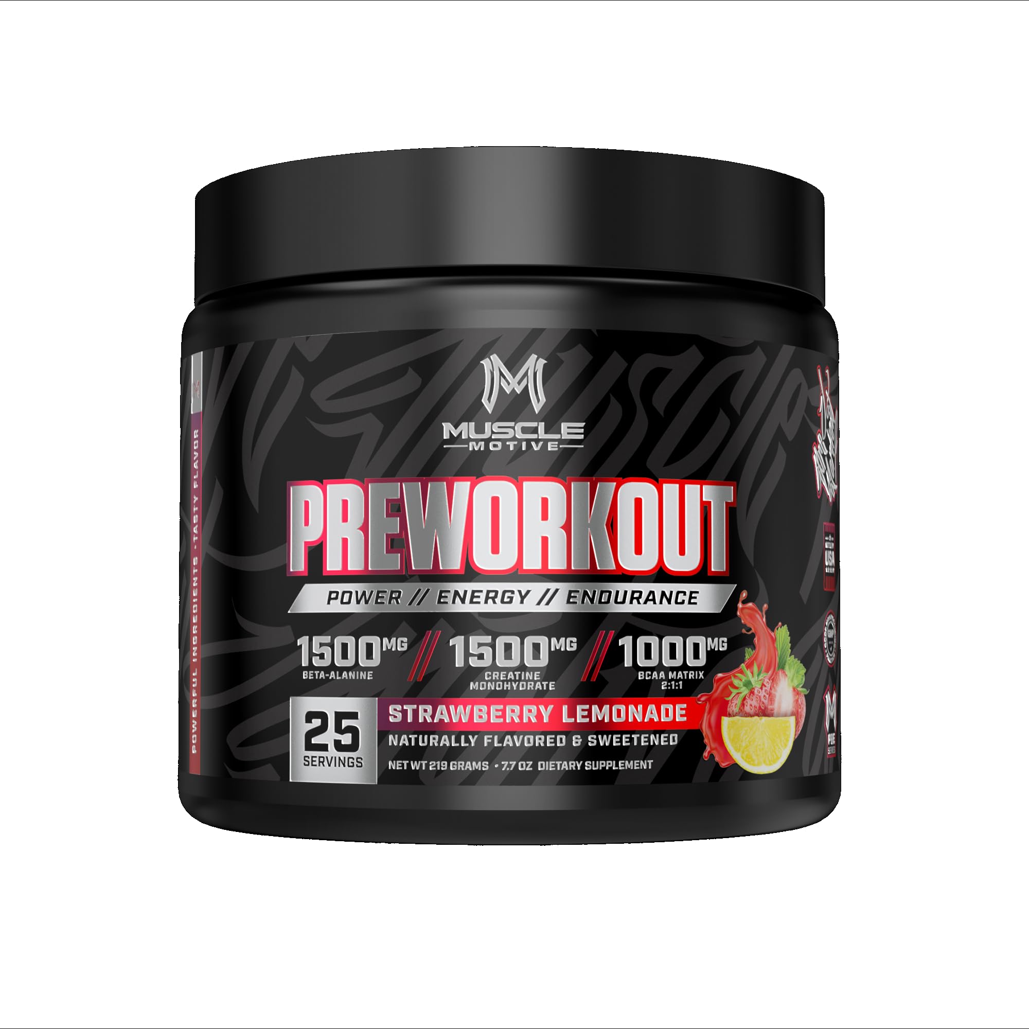 MuscleMotive Pre Workout Powder with Beta Alanine, Creatine Monohydrate, BCAA, L Citrulline, L Arginine and Caffeine - Strawberry Lemonade Flavor - 25 Servings