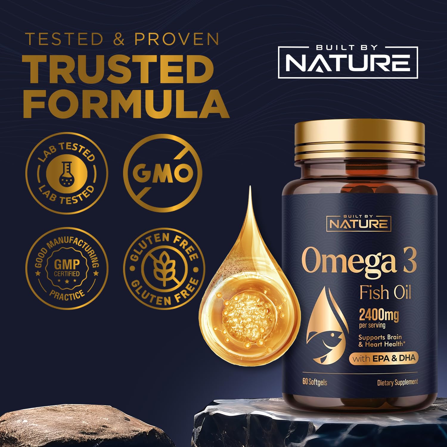 Omega 3 Fish Oil Supplement – 2400mg Fish Oil with EPA & DHA Omega-3 Fatty Acids from Sustainably Sourced Wild Caught Peruvian Anchovy - Heart & Brain Health Support - Non-GMO