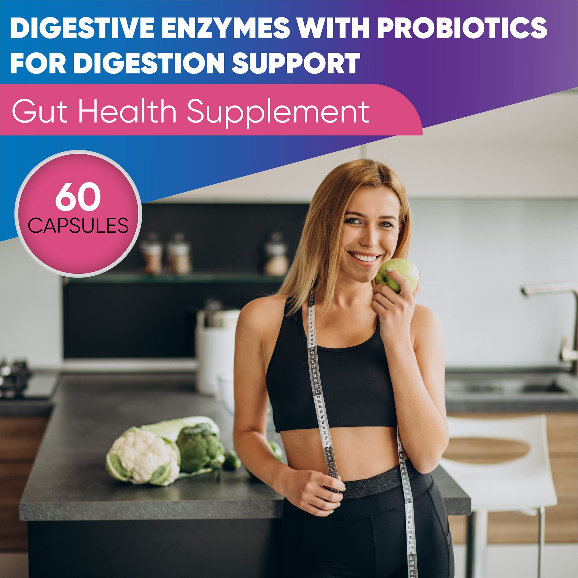 Digestive Enzymes for Optimal Digestive Health - Bromelain, Lactase, Lipase, Papain, Probiotics & Prebiotics - Relief from Bloating, Gas & Constipation, Gut Health & Immune Support - 60 Capsules