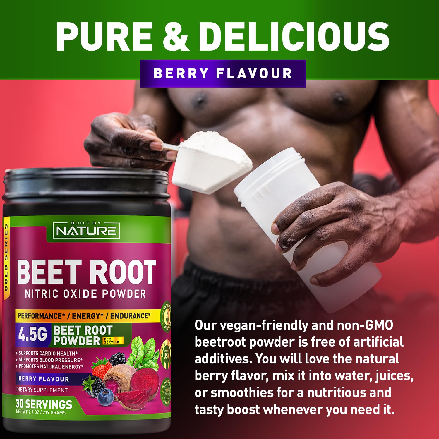 Beet Root Nitric Oxide Powder Supplement - Organic Beetroot Super Food Performance Booster for Circulation, Energy, Stamina, Blood Flow and Heart Health - Vegan, Non-GMO - Berry Flavor - 30 Servings