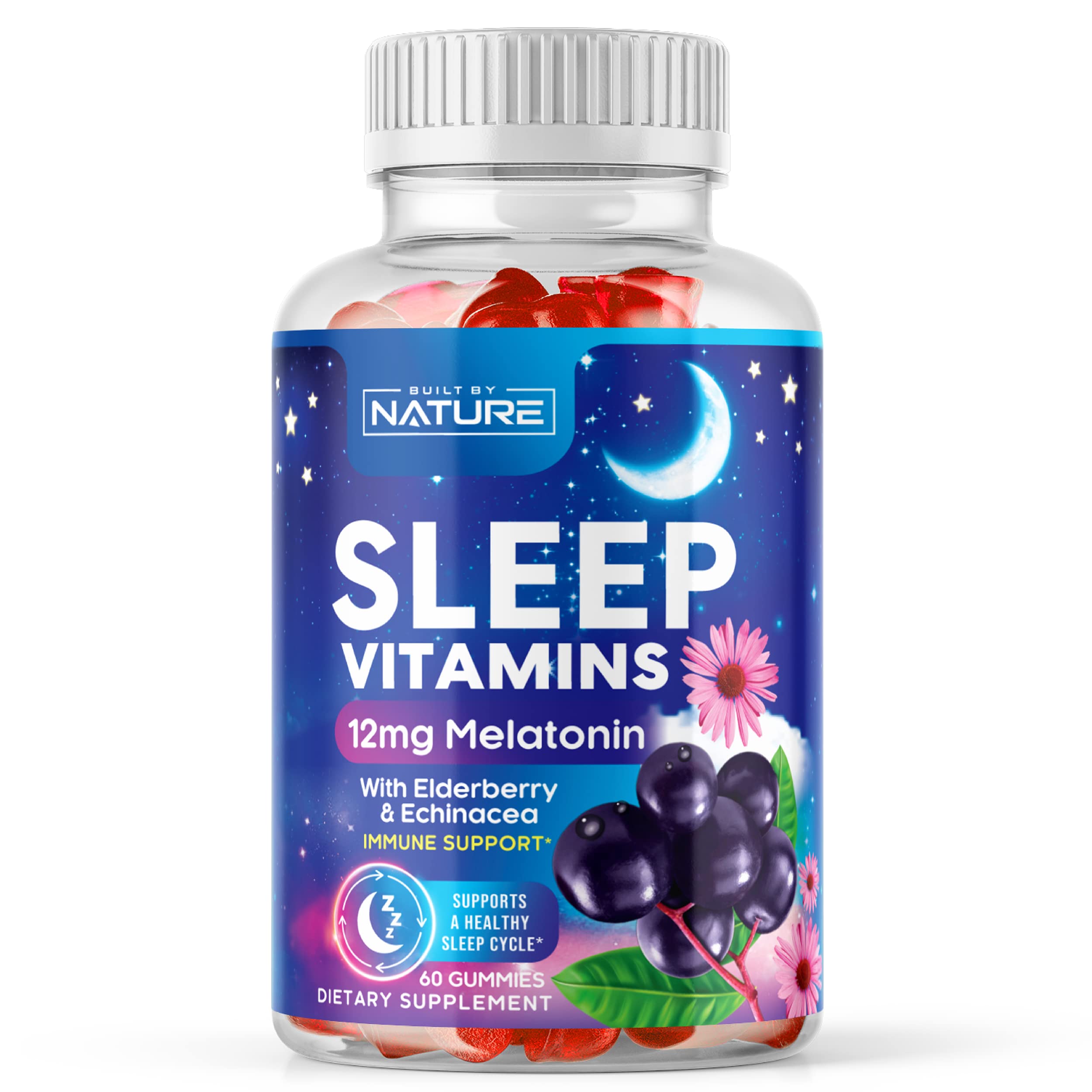 Melatonin Gummies 12mg - Max Strength Sleep Gummy with Elderberry, Zinc, Vitamin D & C for Immune Support - Drug-Free Sleep Aid - Fall Asleep Faster, Stay Asleep Longer - Berry Flavor - 60 Gummies