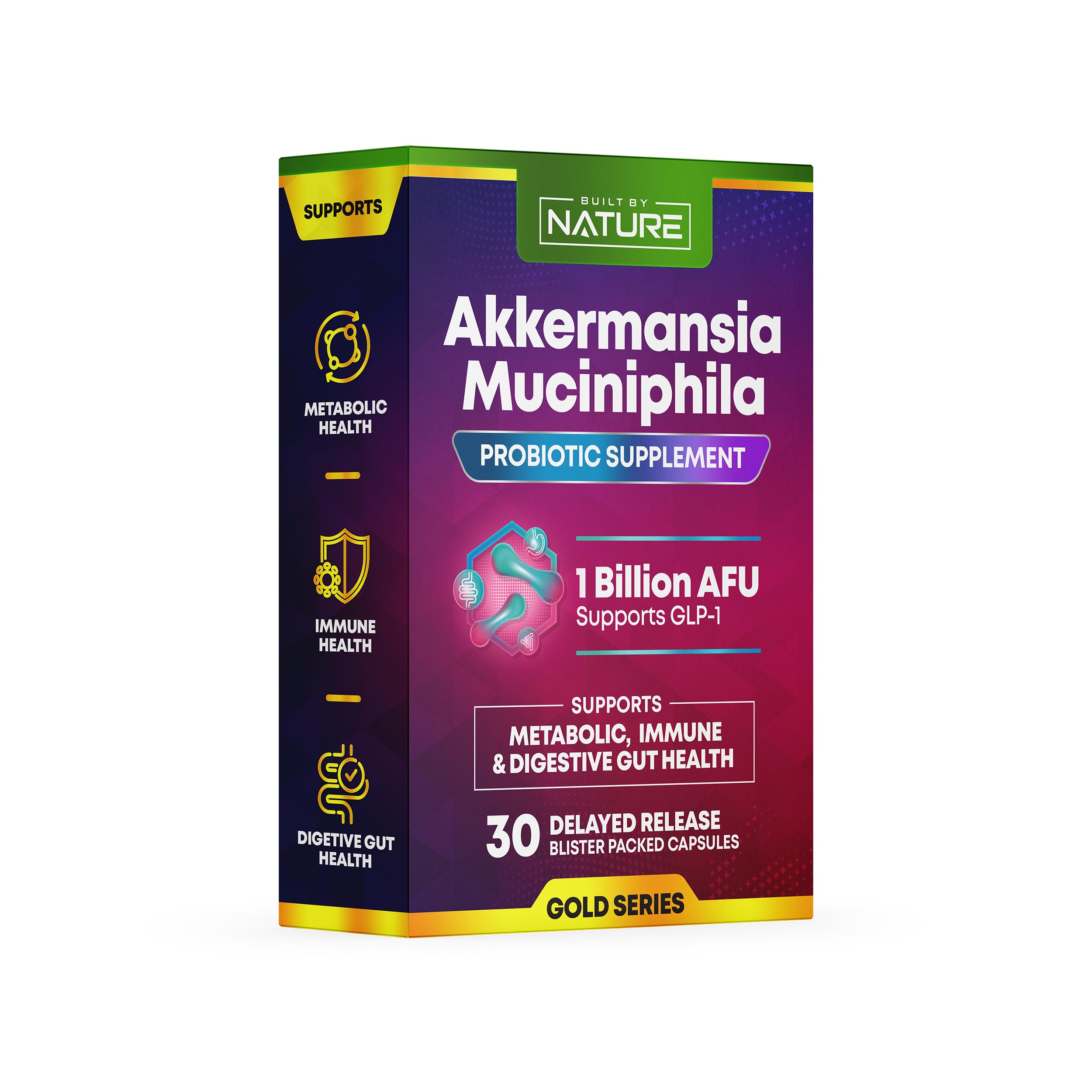 Built by Nature Akkermansia Muciniphila Probiotic Supplement – 1 Billion AFU - Supports GLP-1, Immune & Digestive Gut Health - 30 Delayed Release Blister Packed Capsules