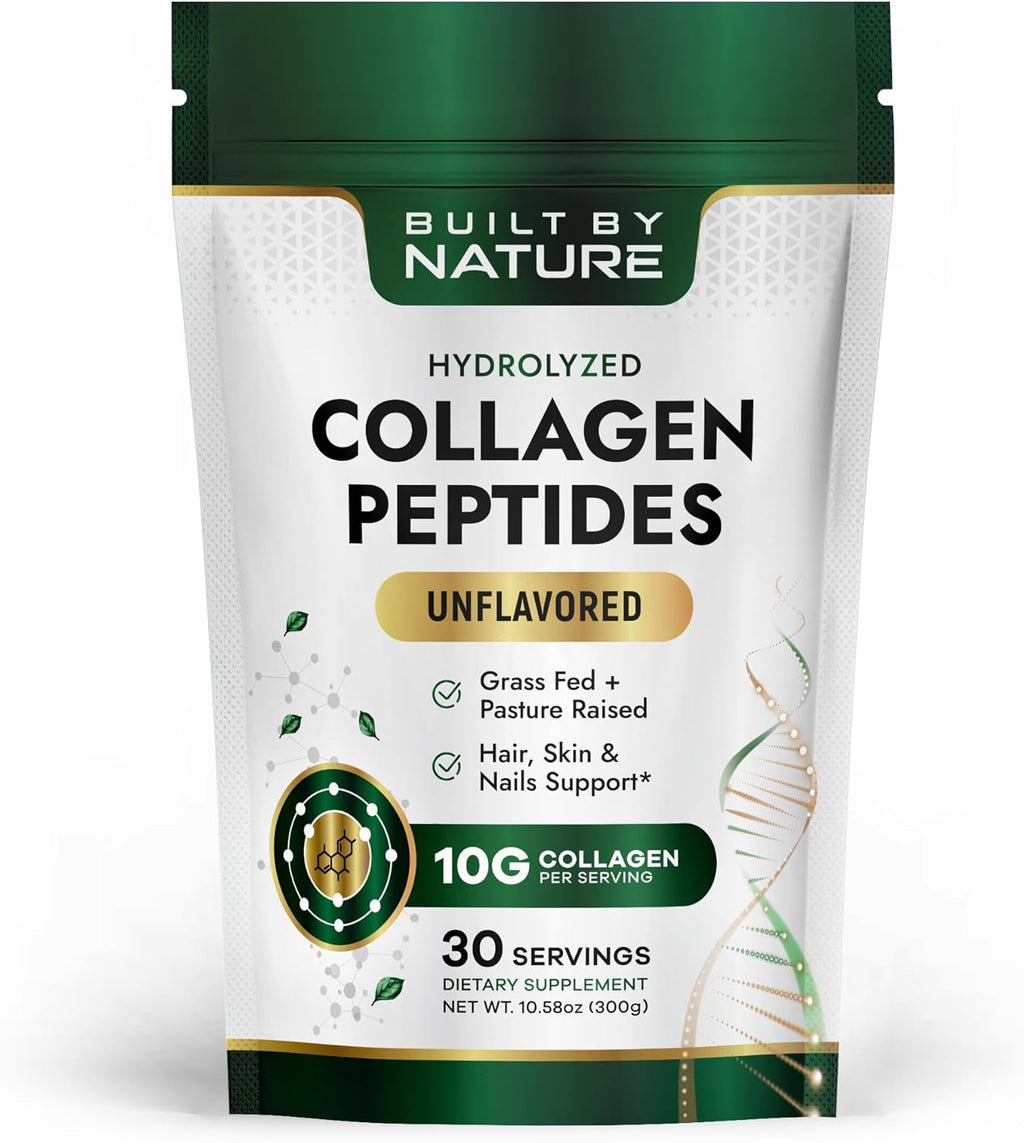 Built by Nature Collagen Peptides Powder - Hydrolyzed Collagen Protein for Women - Grass Fed, Non-GMO - Hair, Skin, Nails Supplement - Unflavored, 10.58 oz, 30 Servings