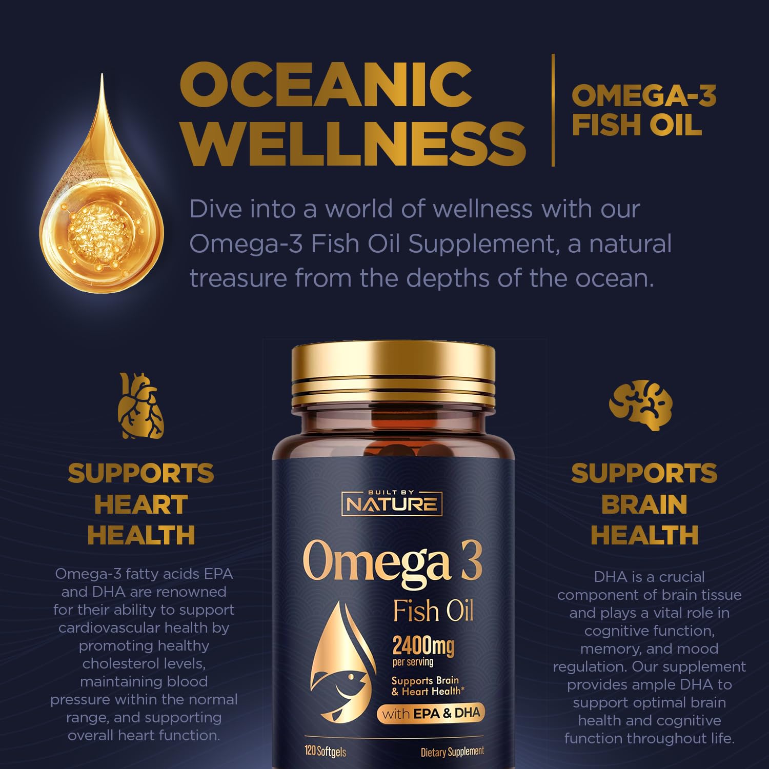 Omega 3 Fish Oil Supplement – 2400mg Fish Oil with EPA & DHA Omega-3 Fatty Acids from Sustainably Sourced Wild Caught Peruvian Anchovy - Heart & Brain Health Support - Non-GMO