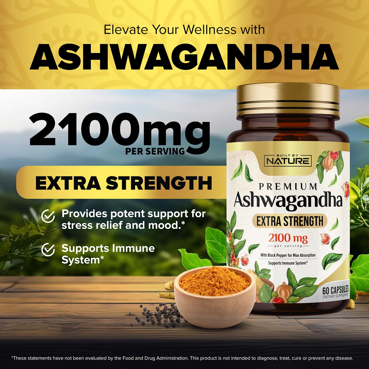 Built by Nature Ashwagandha 2100mg Extra Strength Stress Relief & Mood Support with Black Pepper Extract for Max Absorption - Non-GMO, Vegan, Gluten-Free - 60 Capsules