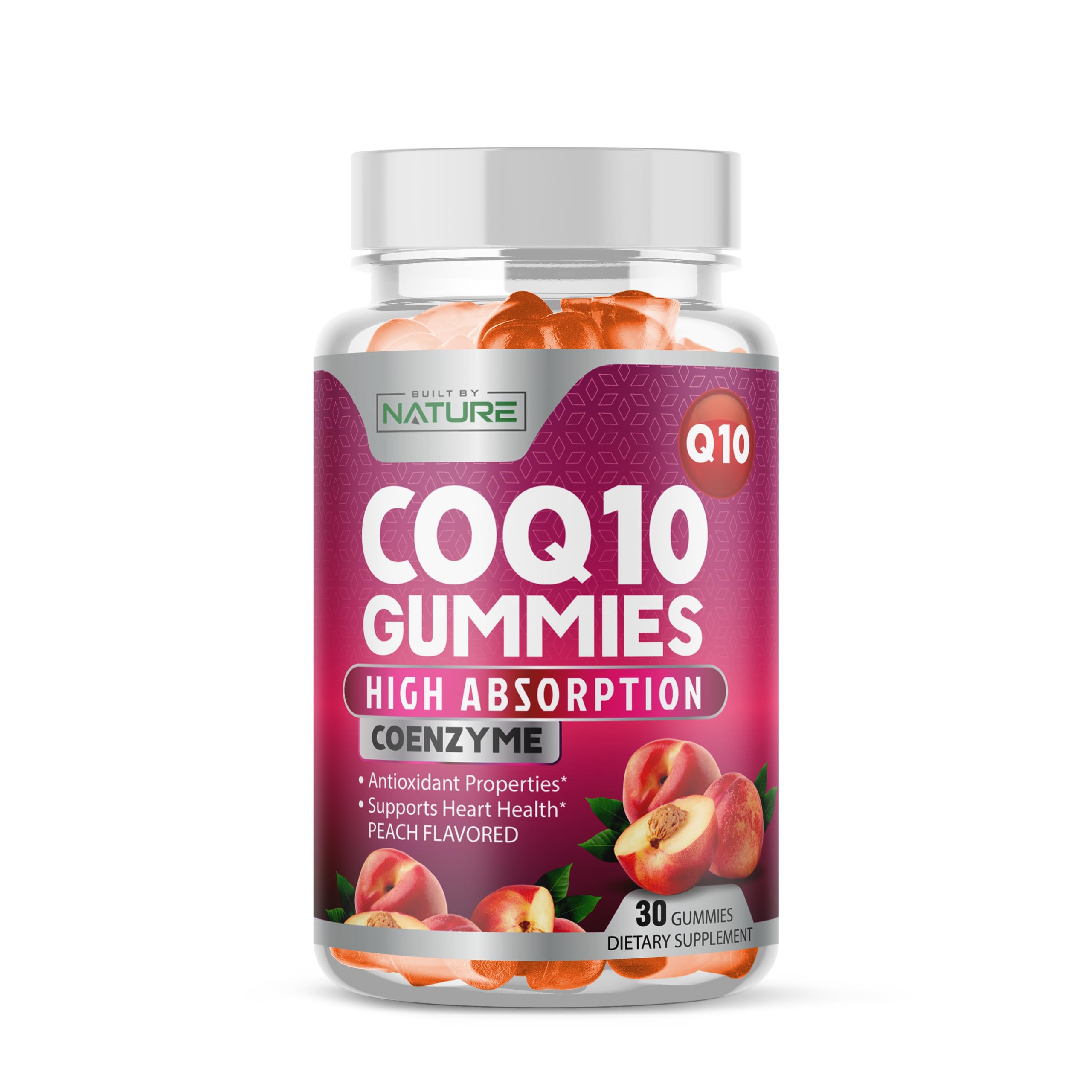 Built by Nature CoQ10 Gummies 100 mg – High Absorption Coenzyme Q10 Gummy – Vegan, Non-GMO – Heart Health & Cellular Energy Support – Tasty Peach Flavor - 30 Gummies