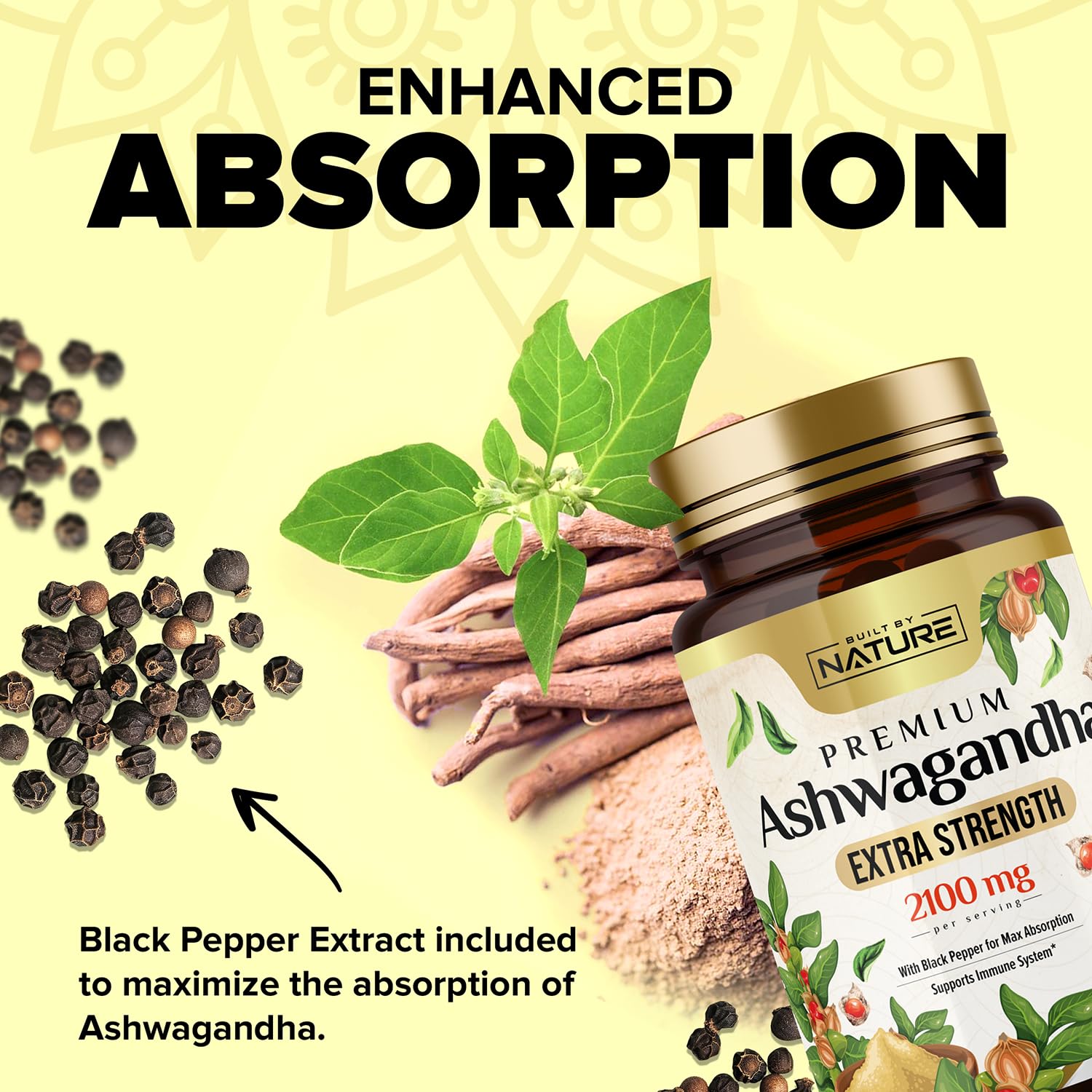 Built by Nature Ashwagandha 2100mg Extra Strength Stress Relief & Mood Support with Black Pepper Extract for Max Absorption - Non-GMO, Vegan, Gluten-Free - 60 Capsules