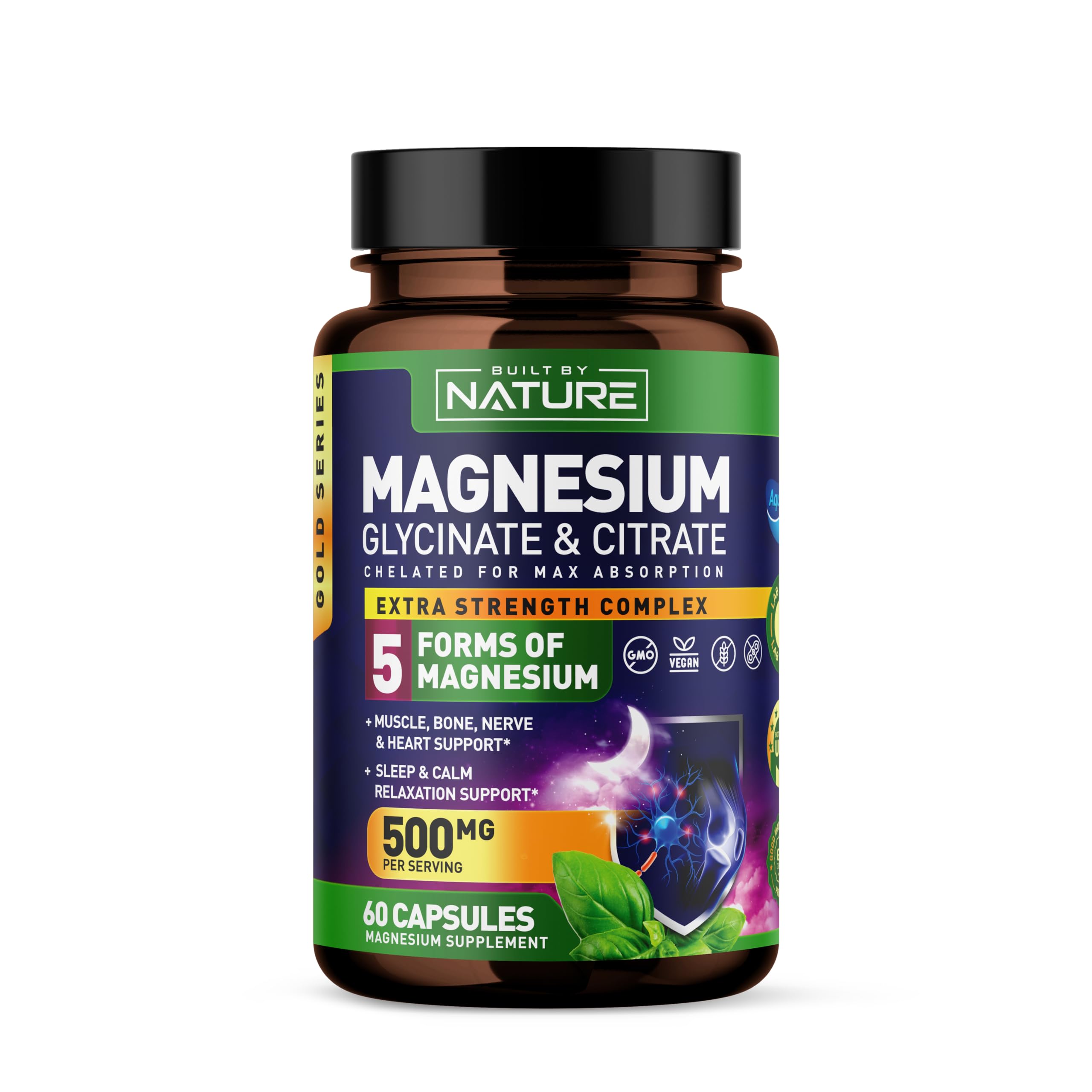 Magnesium Complex 500mg - 5 Forms of Magnesium Glycinate, Citrate, Malate, Oxide & Aquamin with 72 Trace Minerals - Chelated for Absorption - Supplement for Muscle, Nerve, Heart & Sleep