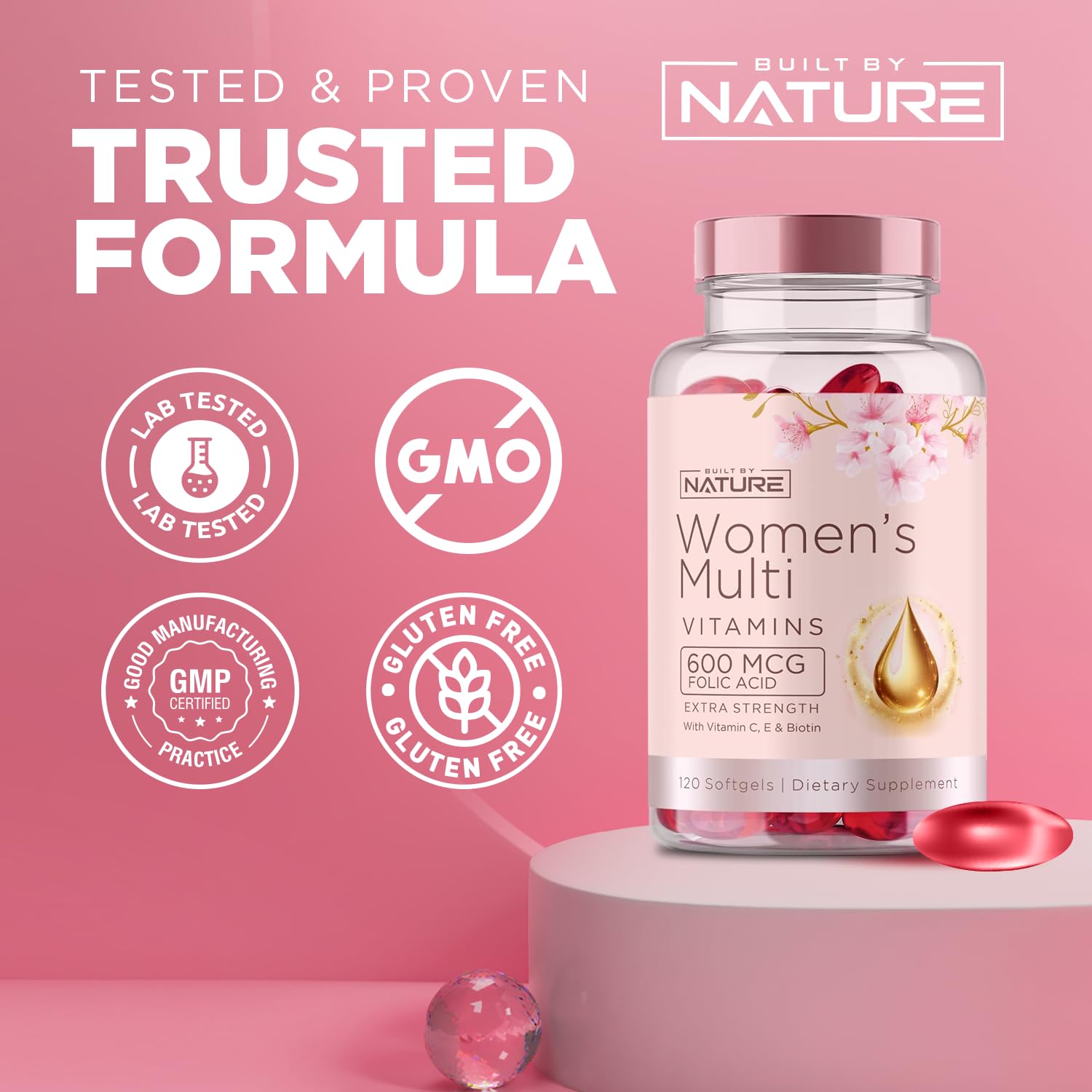 Built by Nature Vitamins for Women – Women's Complete Daily Multivitamin Supplement with A, B, C, D, E, Iron, Calcium, Magnesium and Multi Minerals – Wellness & Immune Health Support