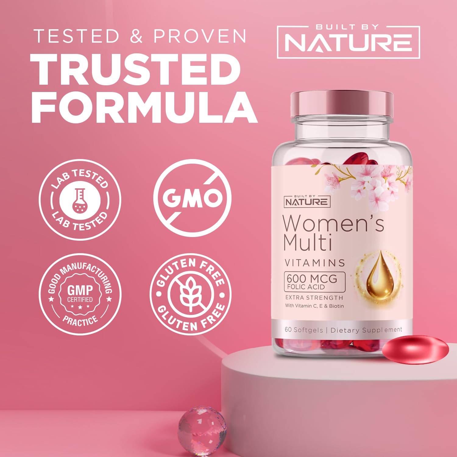 Built by Nature Vitamins for Women – Women's Complete Daily Multivitamin Supplement with A, B, C, D, E, Iron, Calcium, Magnesium and Multi Minerals – Wellness & Immune Health Support