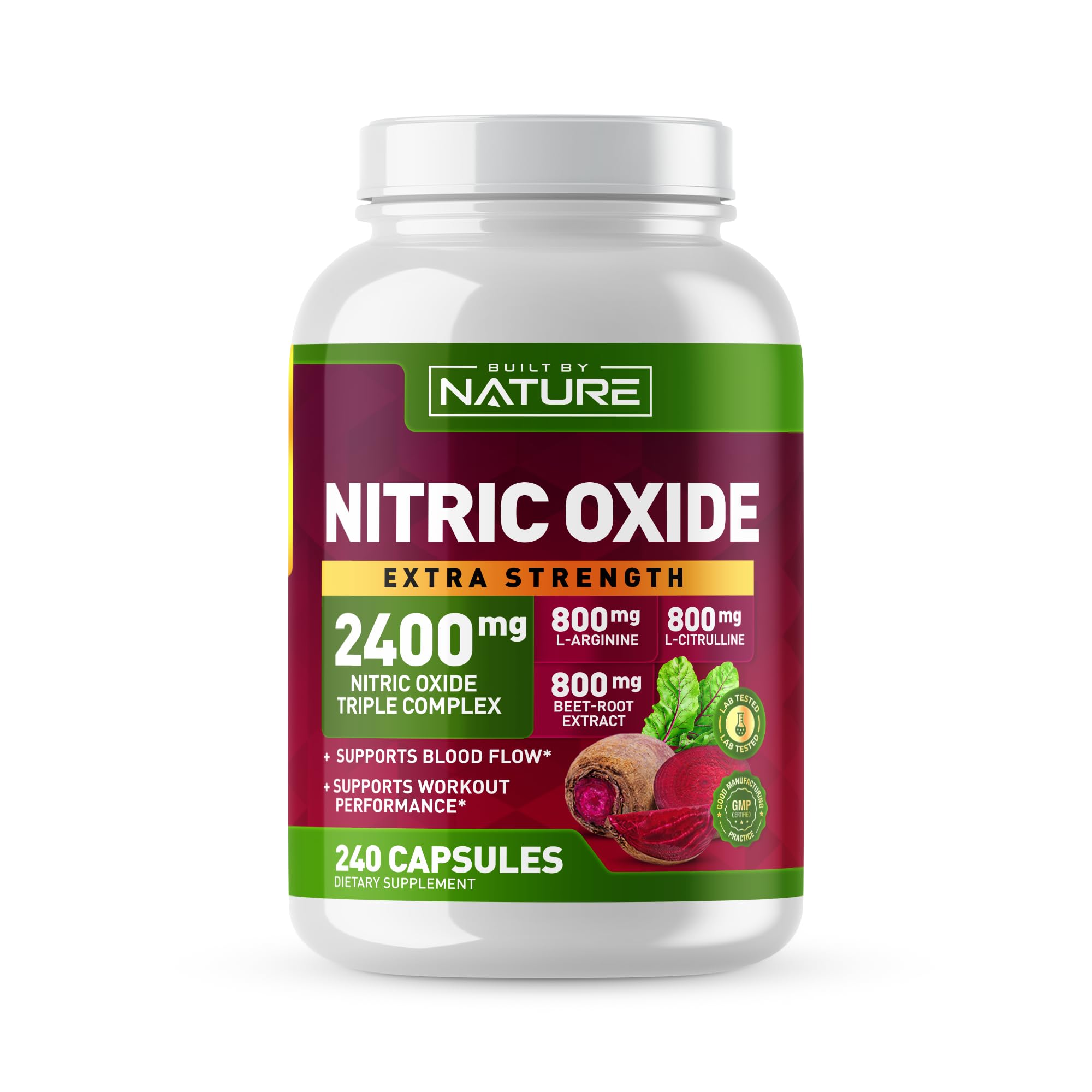 Built by Nature Nitric Oxide Supplement 2400mg with L-Arginine, L-Citrulline and Beet Root Extract, 240 Capsules