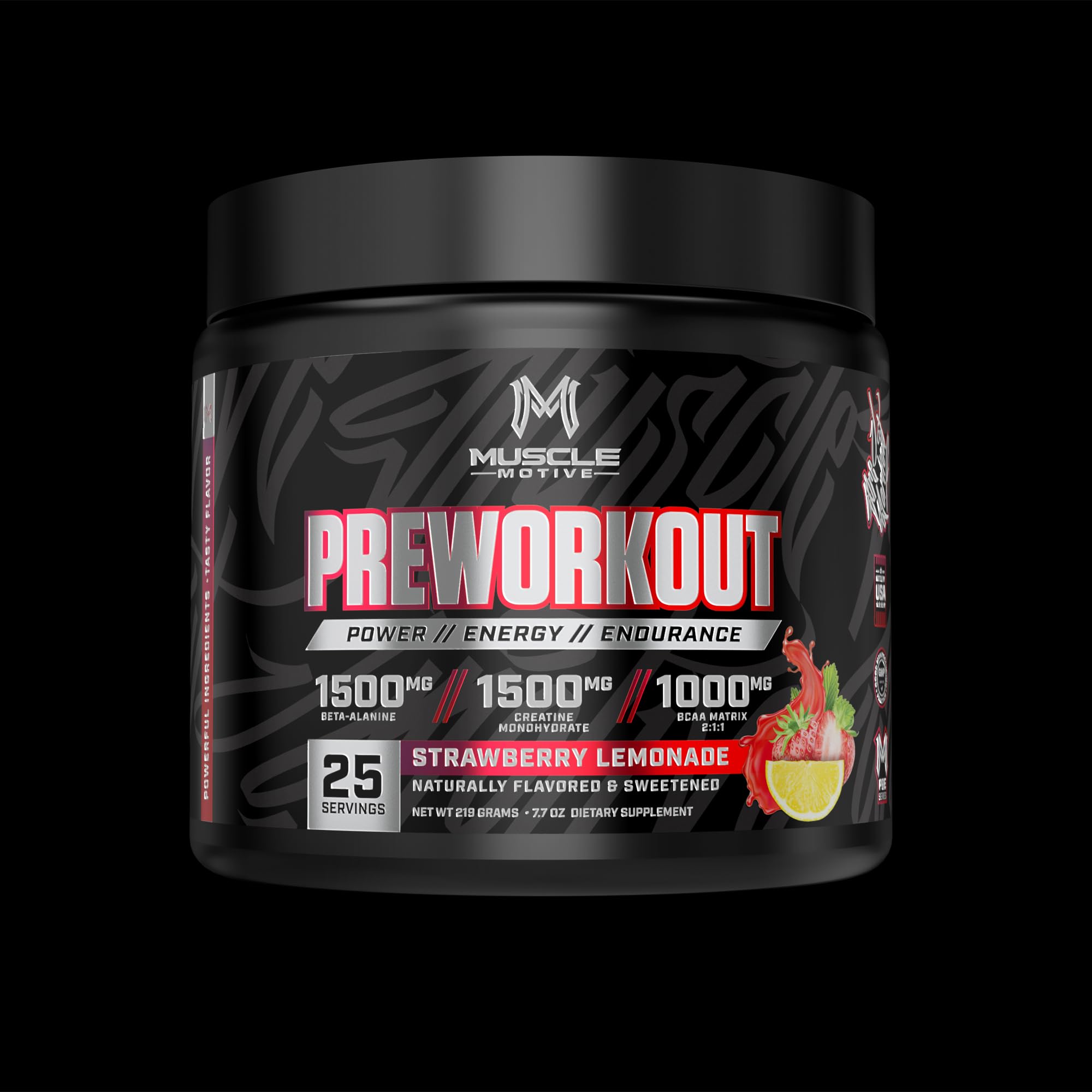 MuscleMotive Pre Workout Powder with Beta Alanine, Creatine Monohydrate, BCAA, L Citrulline, L Arginine and Caffeine - Strawberry Lemonade Flavor - 25 Servings