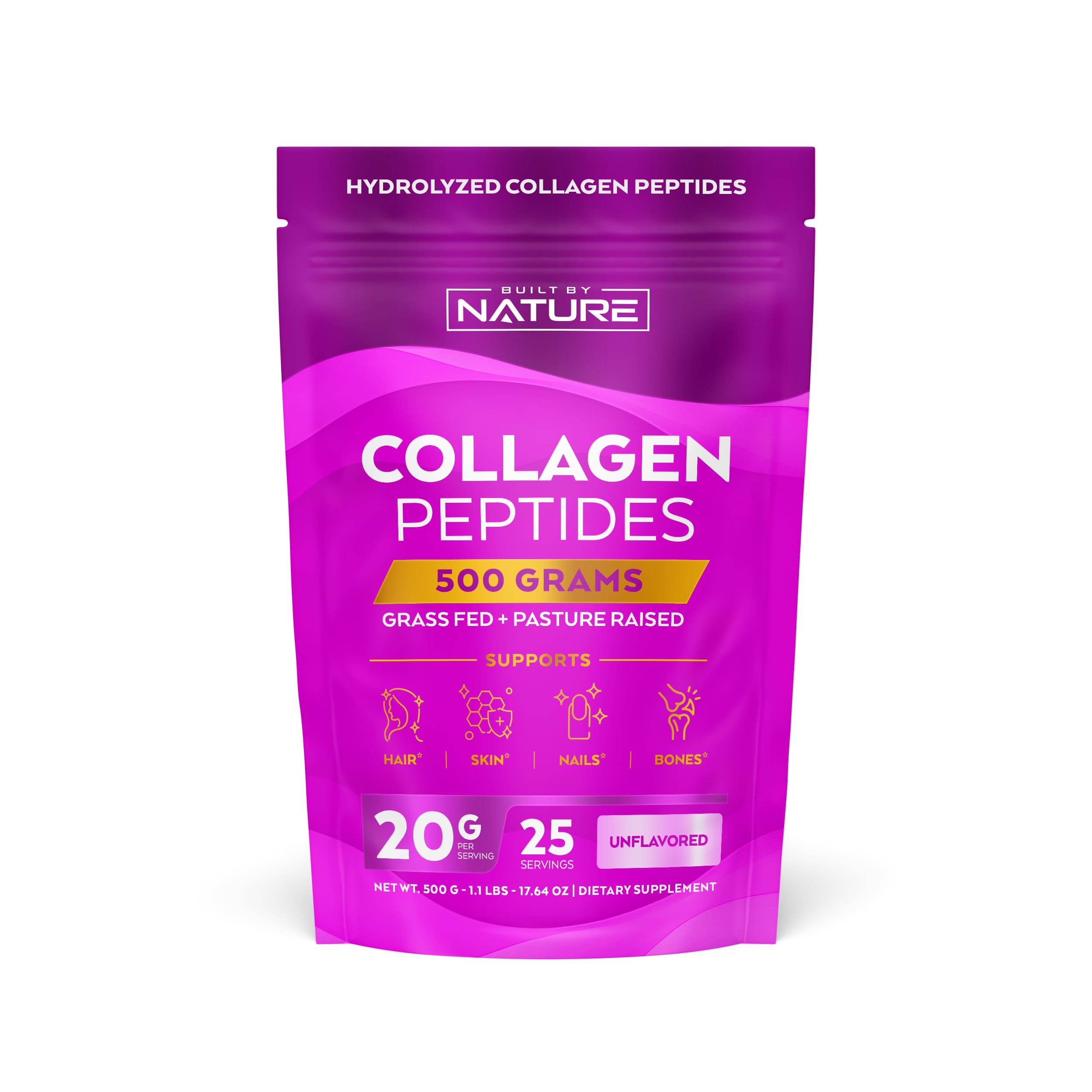 Built by Nature Collagen Peptides Powder, 500 Grams - Unflavored, Platinum Grade Hydrolyzed Collagen Protein with No Odor or Taste, Easy Mixing - Grass Fed, Non-GMO - Hair, Skin, Nails Supplement