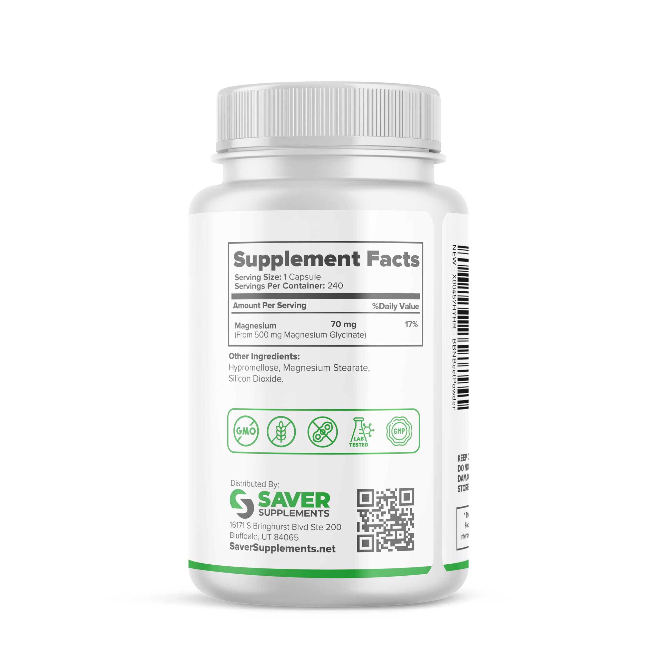 Saver Supplements Magnesium Glycinate 500mg, 240 Capsules