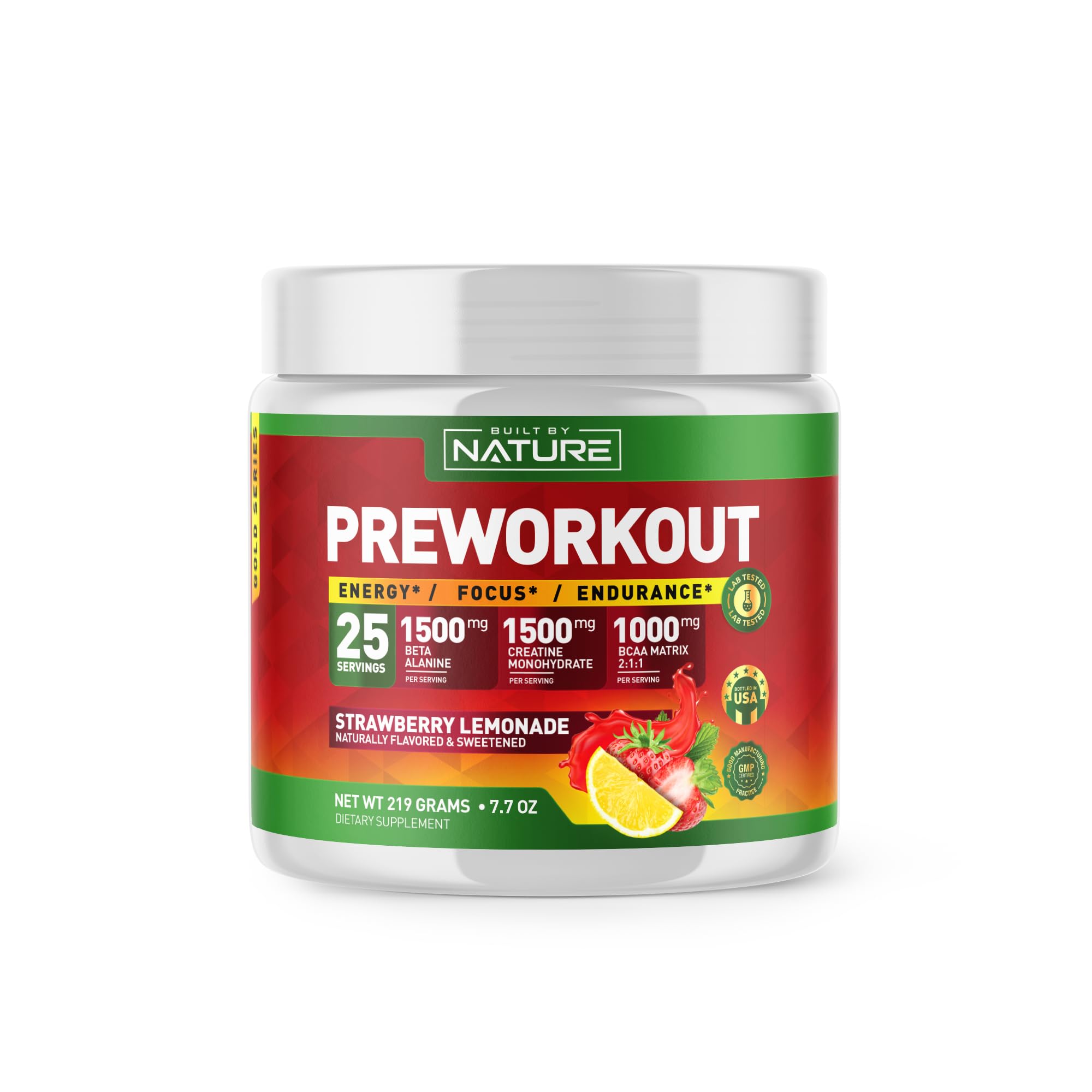 Built by Nature Pre Workout Powder with Beta Alanine, Creatine Monohydrate, BCAA, L Citrulline, L Arginine and Caffeine - Strawberry Lemonade Flavor - 25 Servings