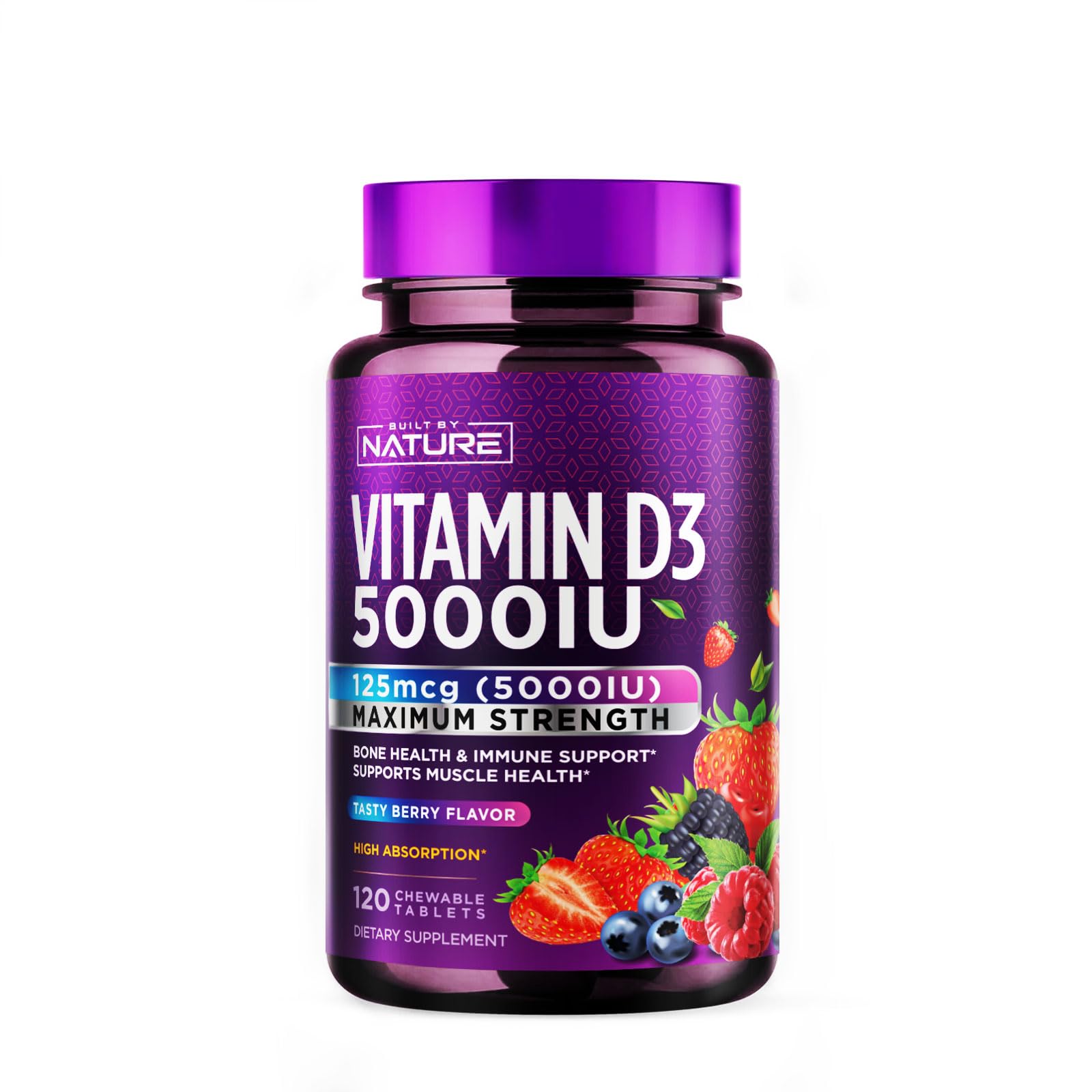 Built by Nature Chewable Vitamin D3 5000 IU - Vitamin D Supplement Chews – Sugar Free & Natural Berry Flavor - 120 Tablets