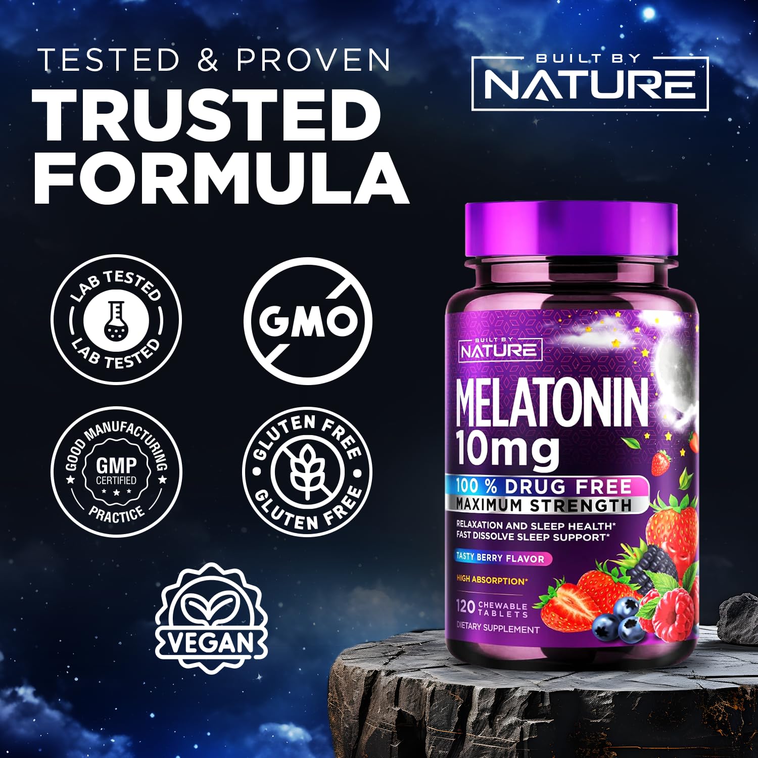 Built by Nature Melatonin 10mg Chewables – Max Strength Melatonin - Fast Dissolve Chews for Adults – Drug-Free Sleep Aid Supplement - Vegan, Non-GMO, Gluten-Free – Berry Flavor